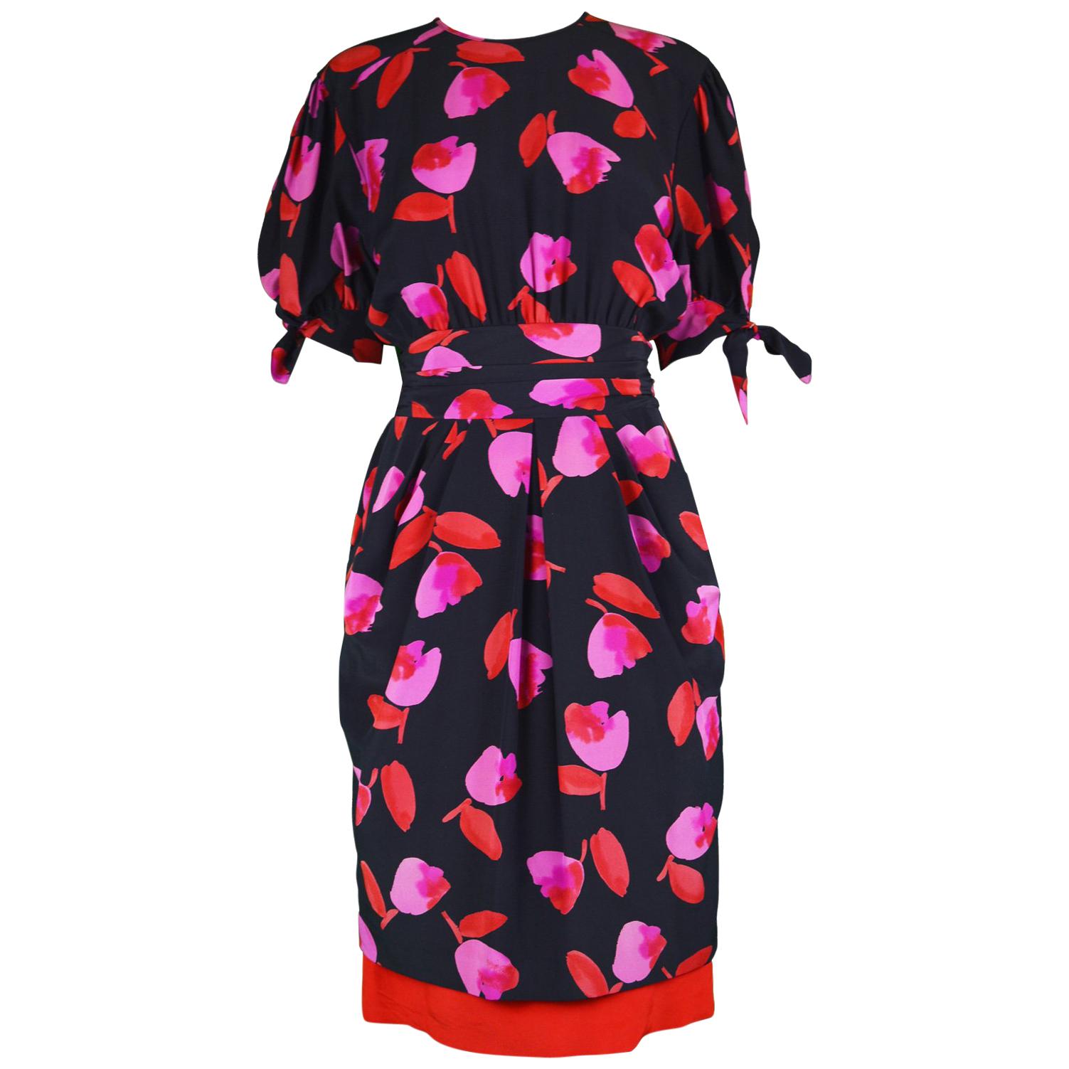 Escada Vintage Black & Red Floral Silk Short Sleeve Dress, 1990s