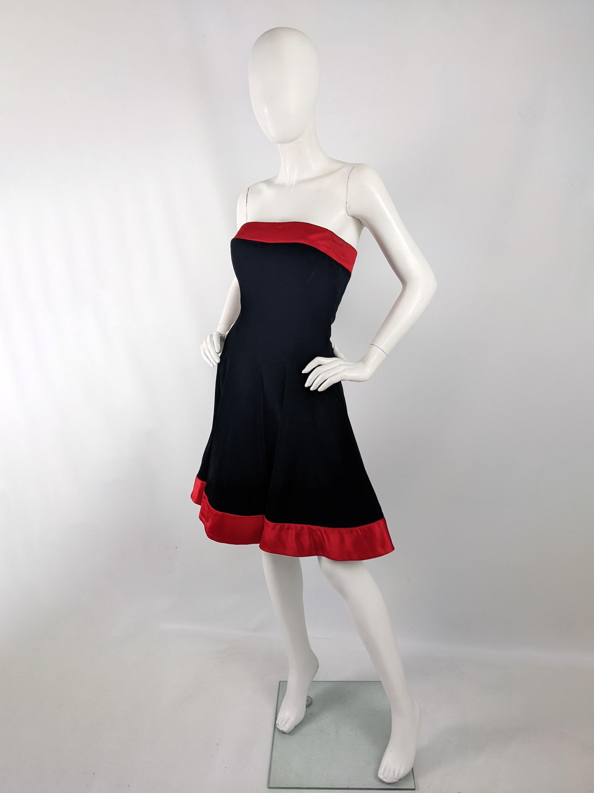 Escada Vintage Black Velvet 80s & Red Trim Party Evening Dress, 1980s In Good Condition In Doncaster, South Yorkshire