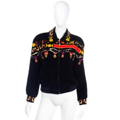 Escada Vintage Black Velvet Zip Front Jacket With Colorful Medals Print