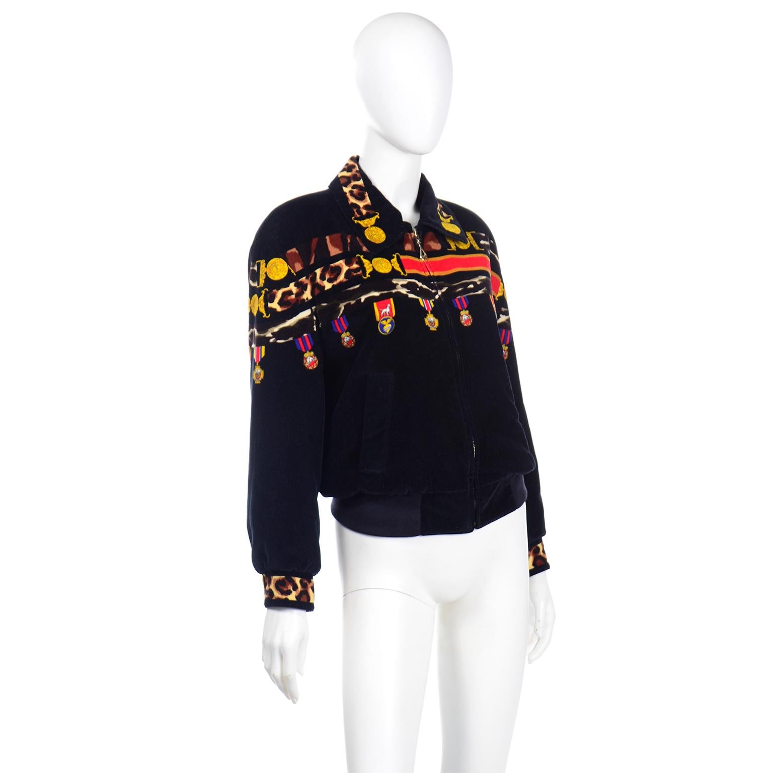 Escada Vintage Black Velvet Zip Front Jacket With Colorful Medals Print In Excellent Condition For Sale In Portland, OR