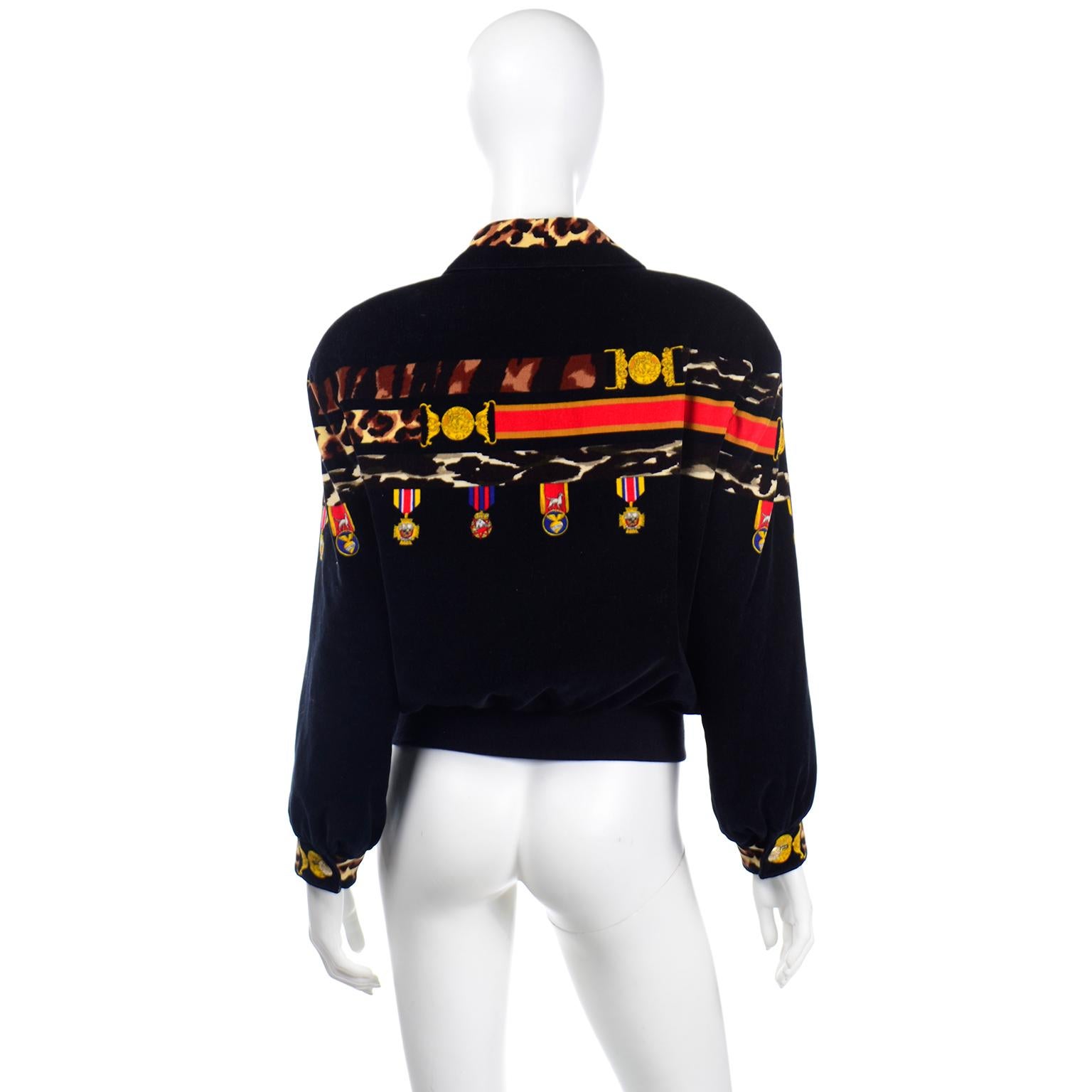Women's Escada Vintage Black Velvet Zip Front Jacket With Colorful Medals Print For Sale