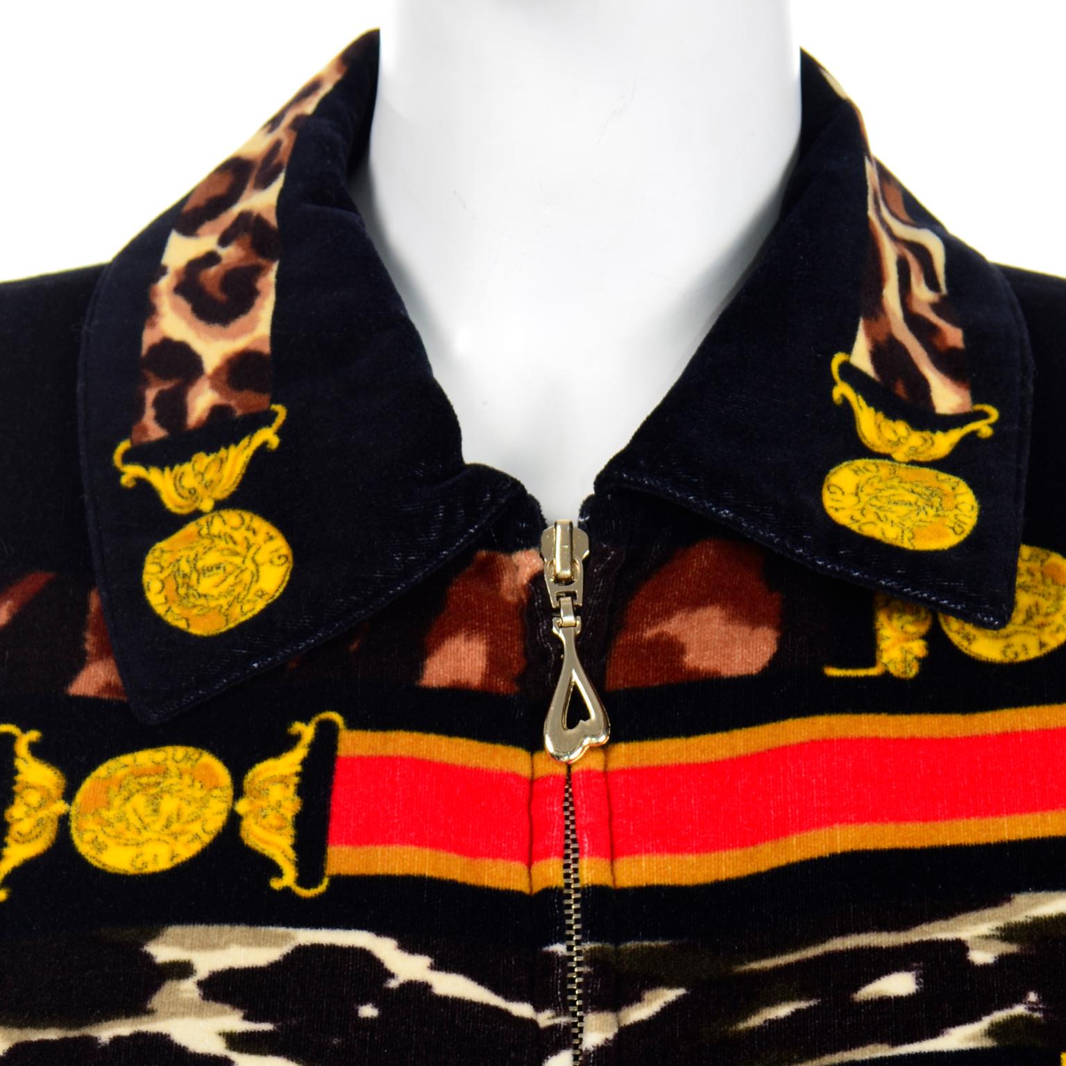 Escada Vintage Black Velvet Zip Front Jacket With Colorful Medals Print For Sale 2