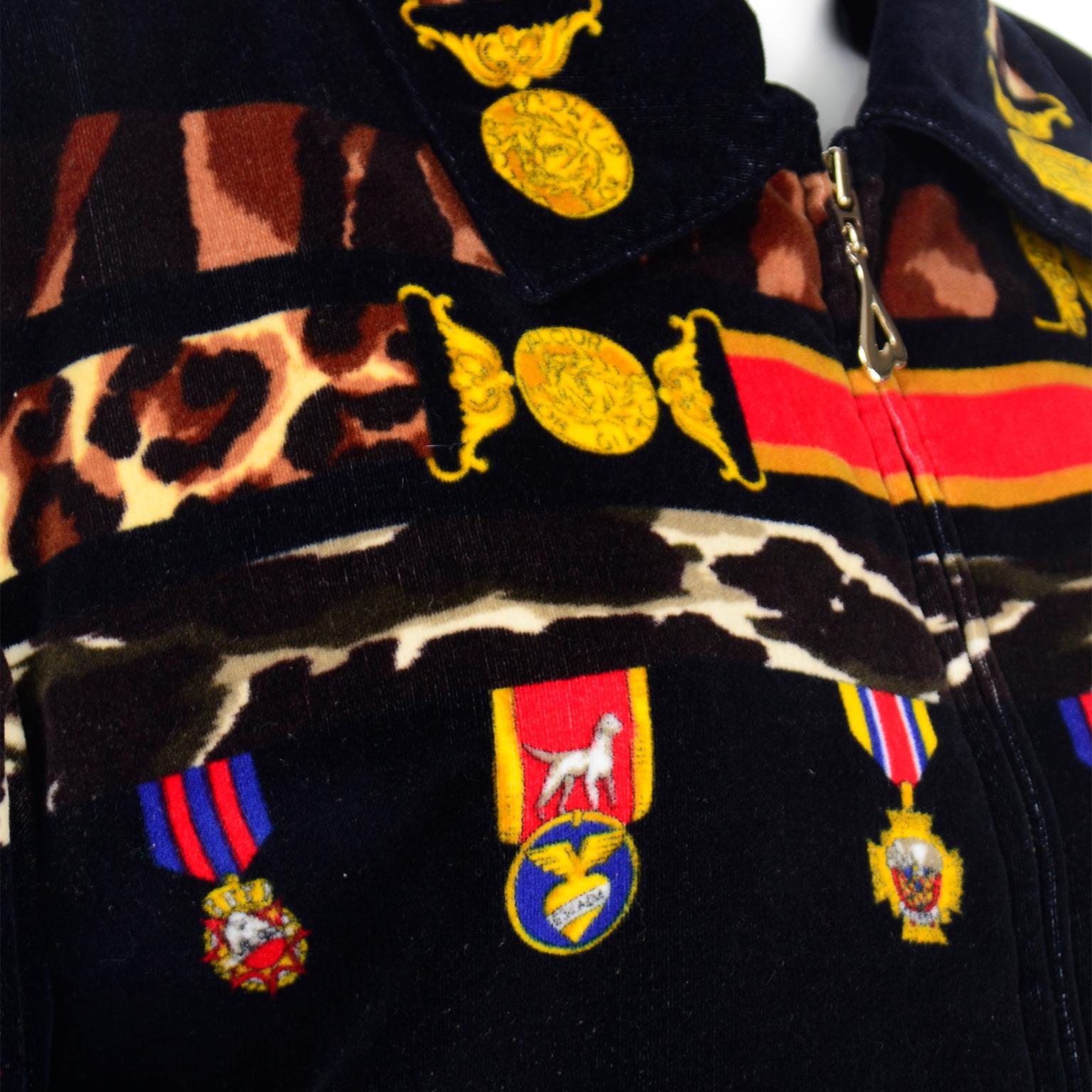 Escada Vintage Black Velvet Zip Front Jacket With Colorful Medals Print For Sale 3