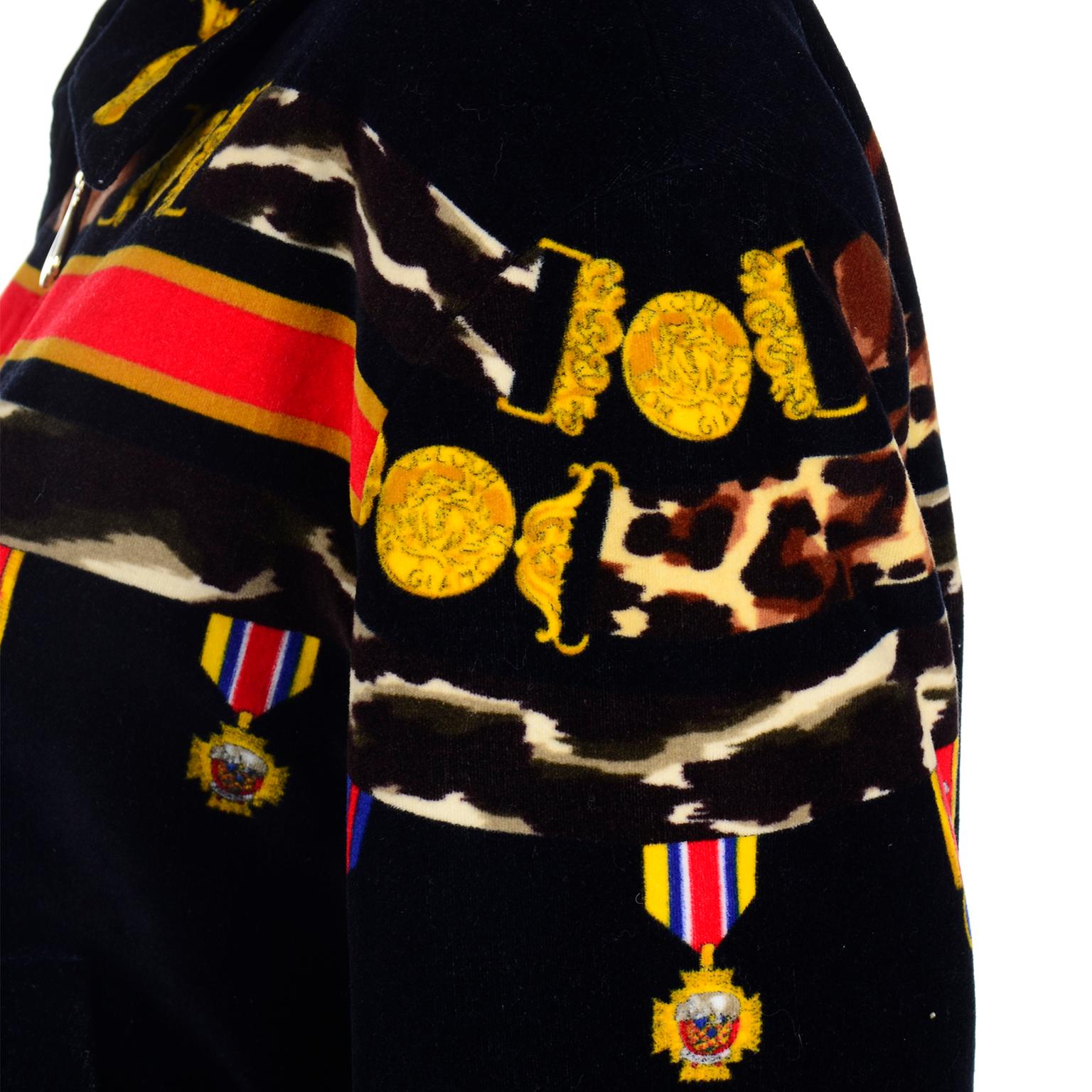Escada Vintage Black Velvet Zip Front Jacket With Colorful Medals Print For Sale 4