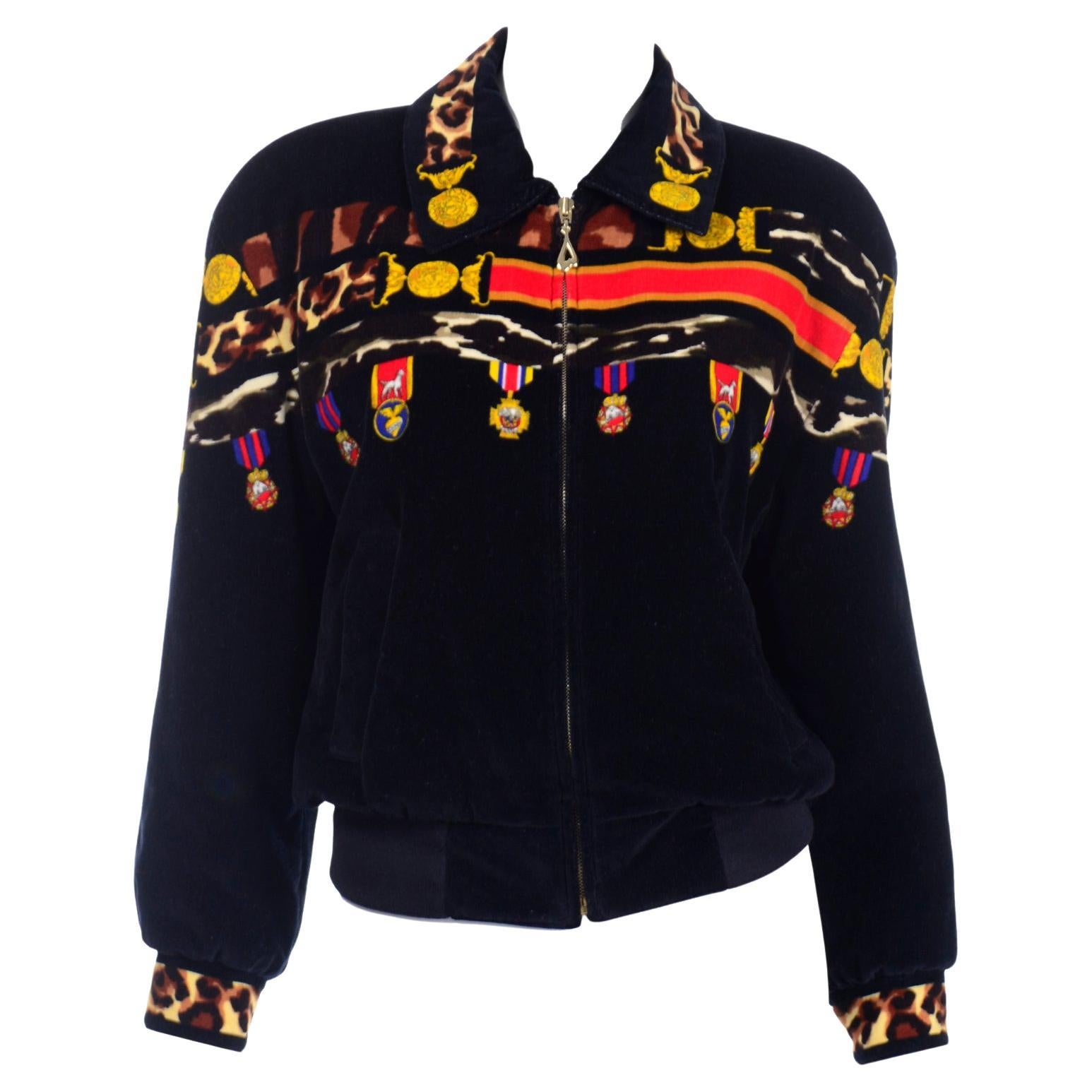 Escada Vintage Black Velvet Zip Front Jacket With Colorful Medals Print