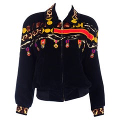 Escada Vintage Black Velvet Zip Front Jacket With Colorful Medals Print