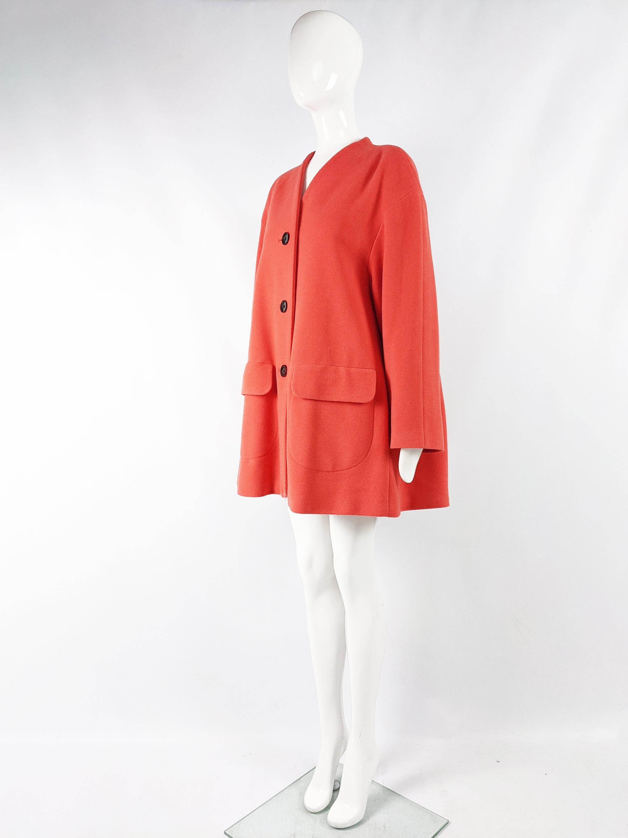 Red Escada Vintage Coral Cashmere Wool & Angora Swing Trapeze Coat, 1980s For Sale