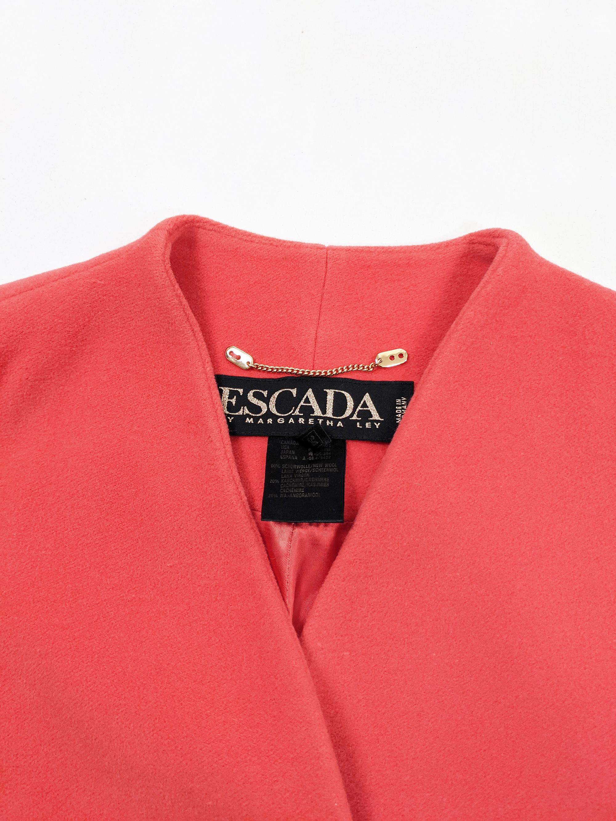 Escada Vintage Coral Cashmere Wool & Angora Swing Trapeze Coat, 1980s For Sale 2