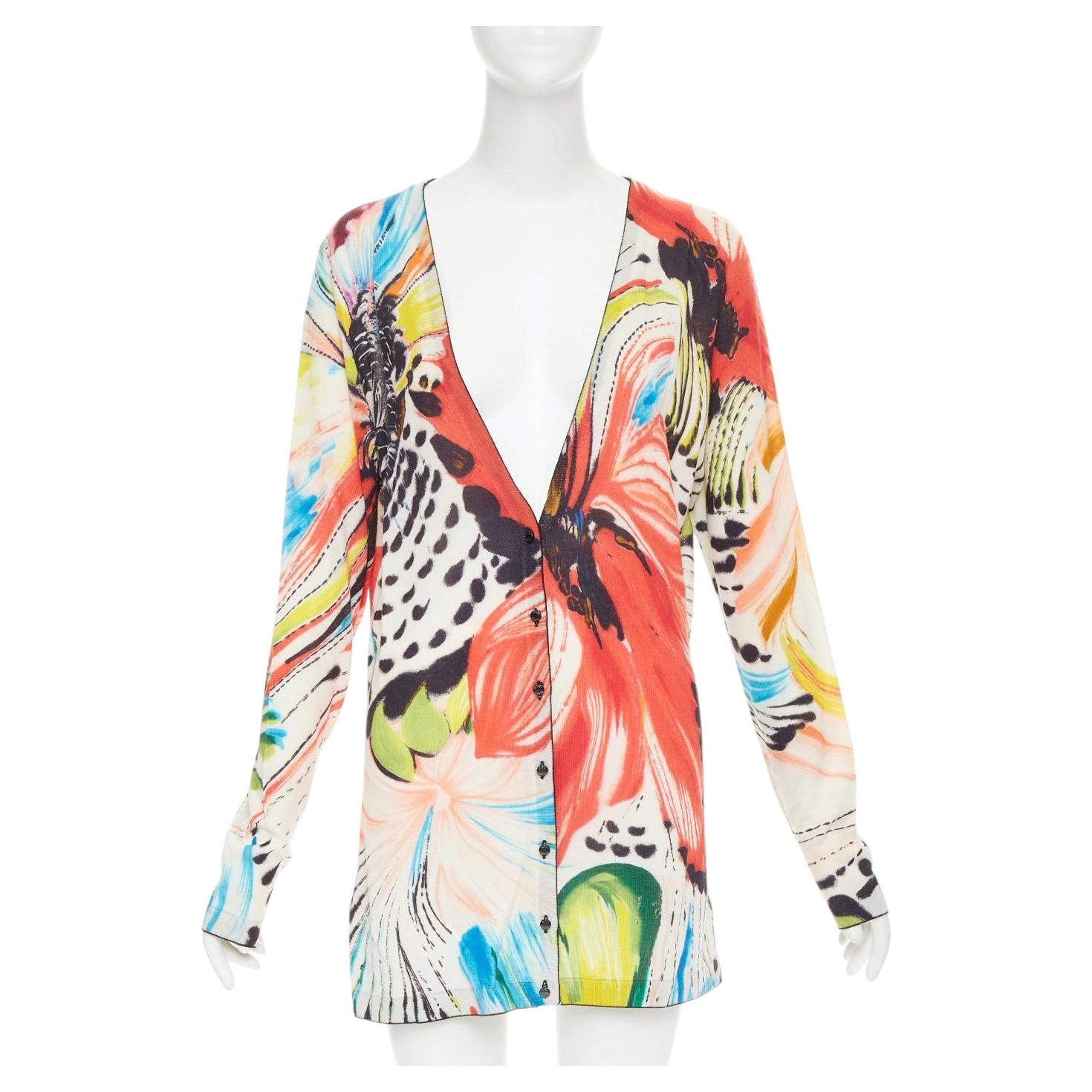 Pre-owned Escada Vintage Fantasy Multicolor Floral Intarsia Silk Blend Knit Long Cardigan In Beige