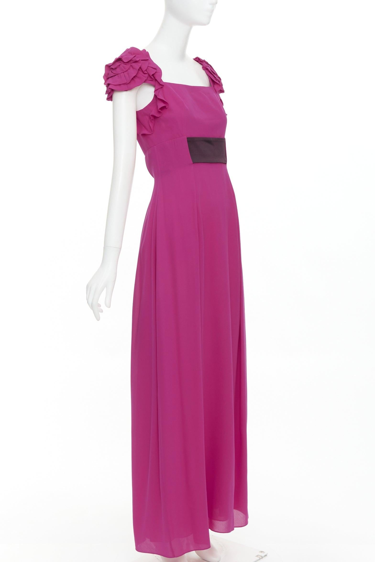 Pink ESCADA Vintage fuchsia pink black silk rose applique midi gown FR34 XS For Sale