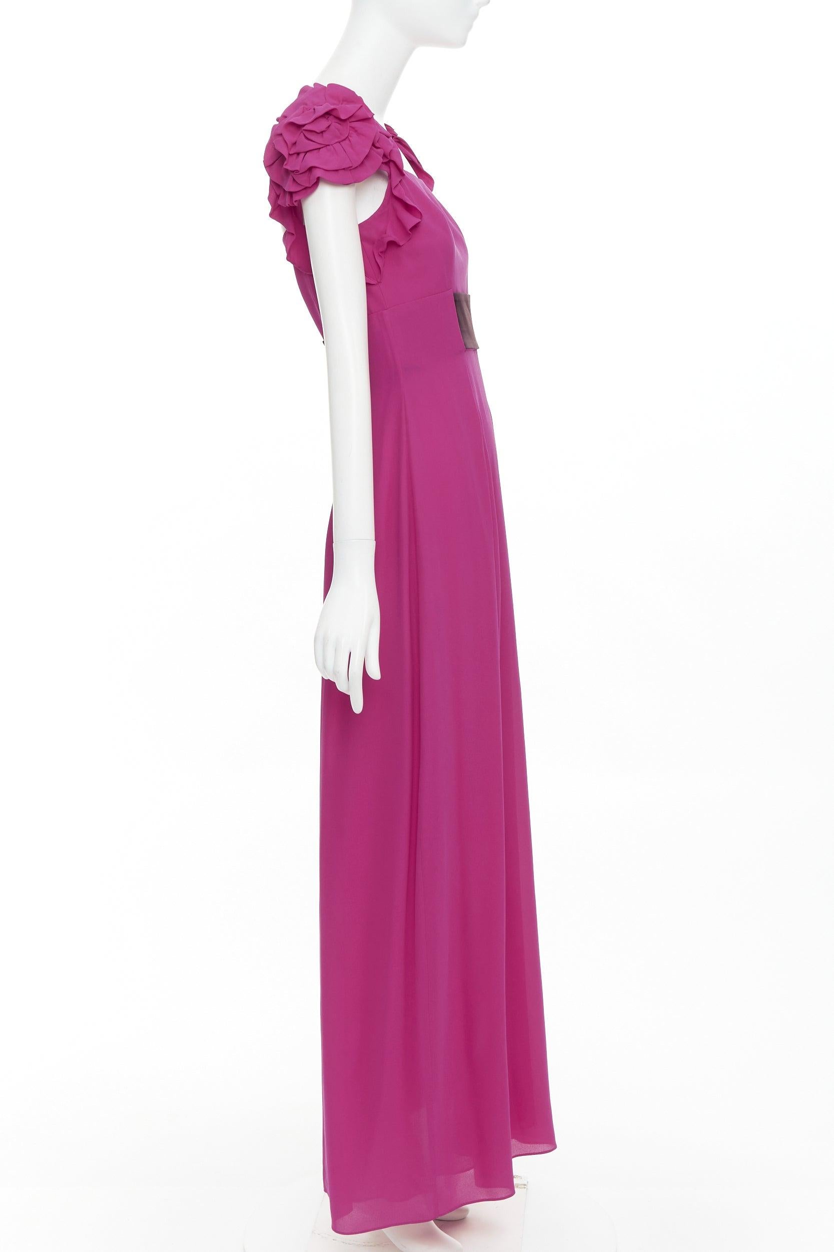ESCADA Vintage fuchsia pink black silk rose applique midi gown FR34 XS In Excellent Condition For Sale In Hong Kong, NT