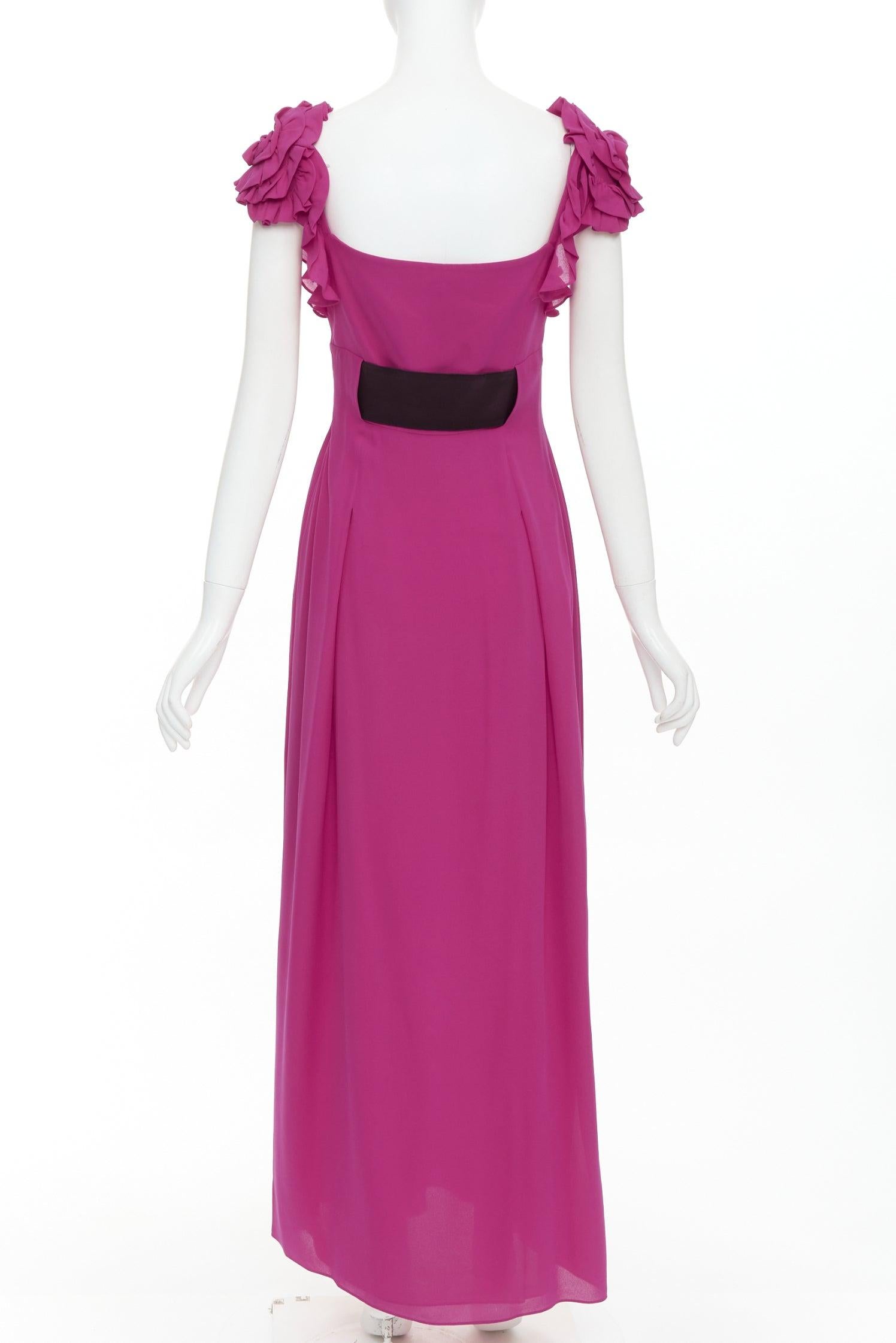 Women's ESCADA Vintage fuchsia pink black silk rose applique midi gown FR34 XS For Sale
