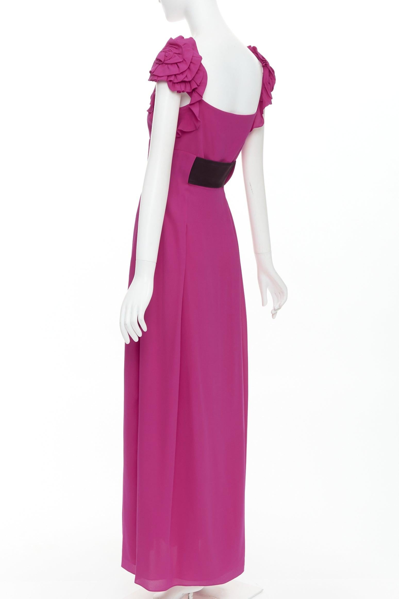 ESCADA Vintage fuchsia pink black silk rose applique midi gown FR34 XS For Sale 1