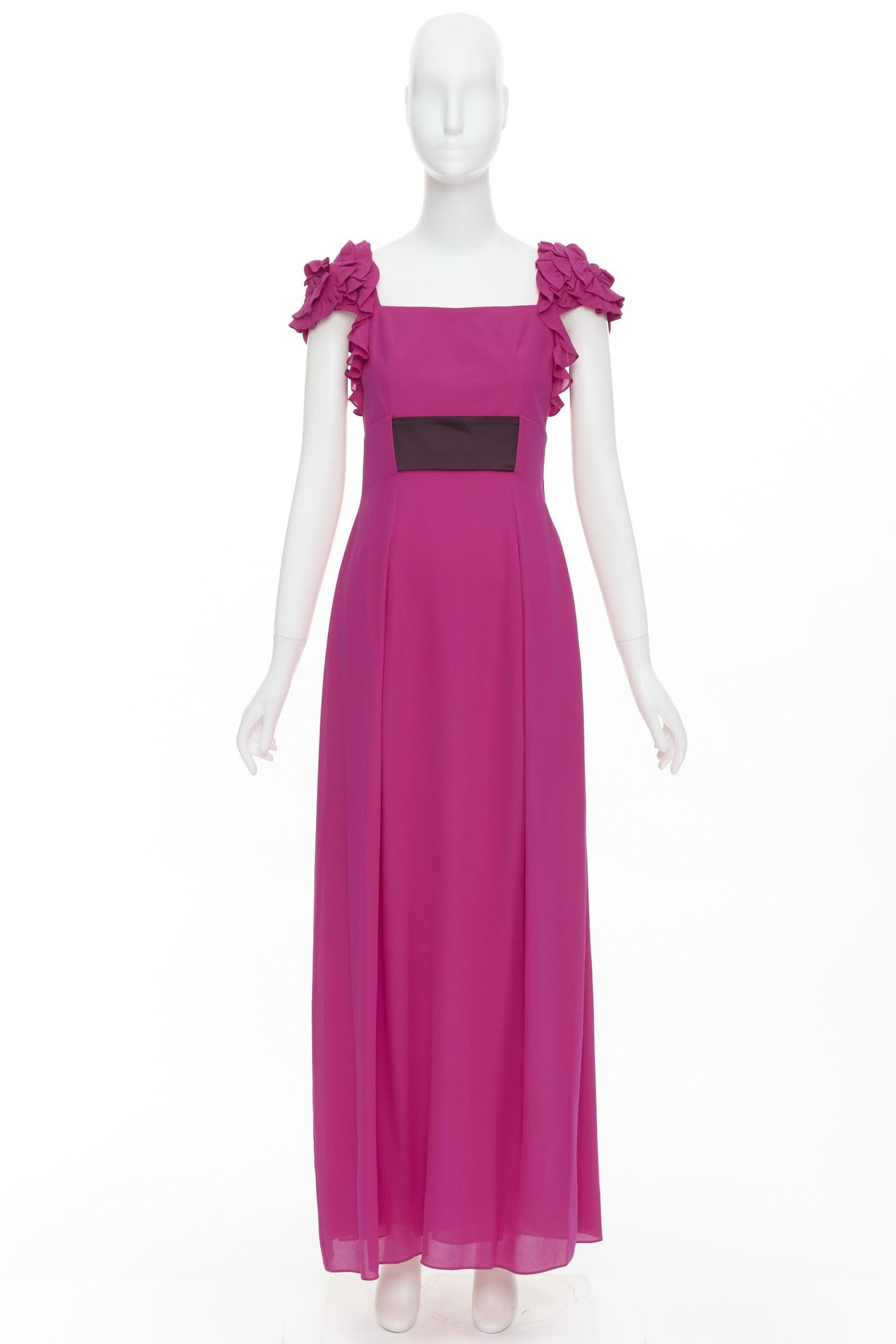 ESCADA Vintage fuchsia pink black silk rose applique midi gown FR34 XS For Sale 4