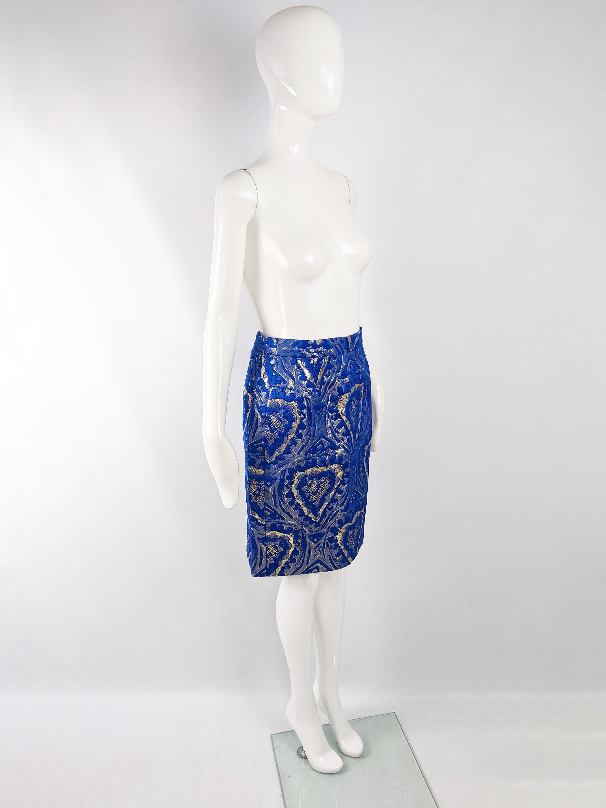 Escada Vintage Love Heart Blue & Gold Brocade Party Skirt, 1980s In Excellent Condition In Doncaster, South Yorkshire