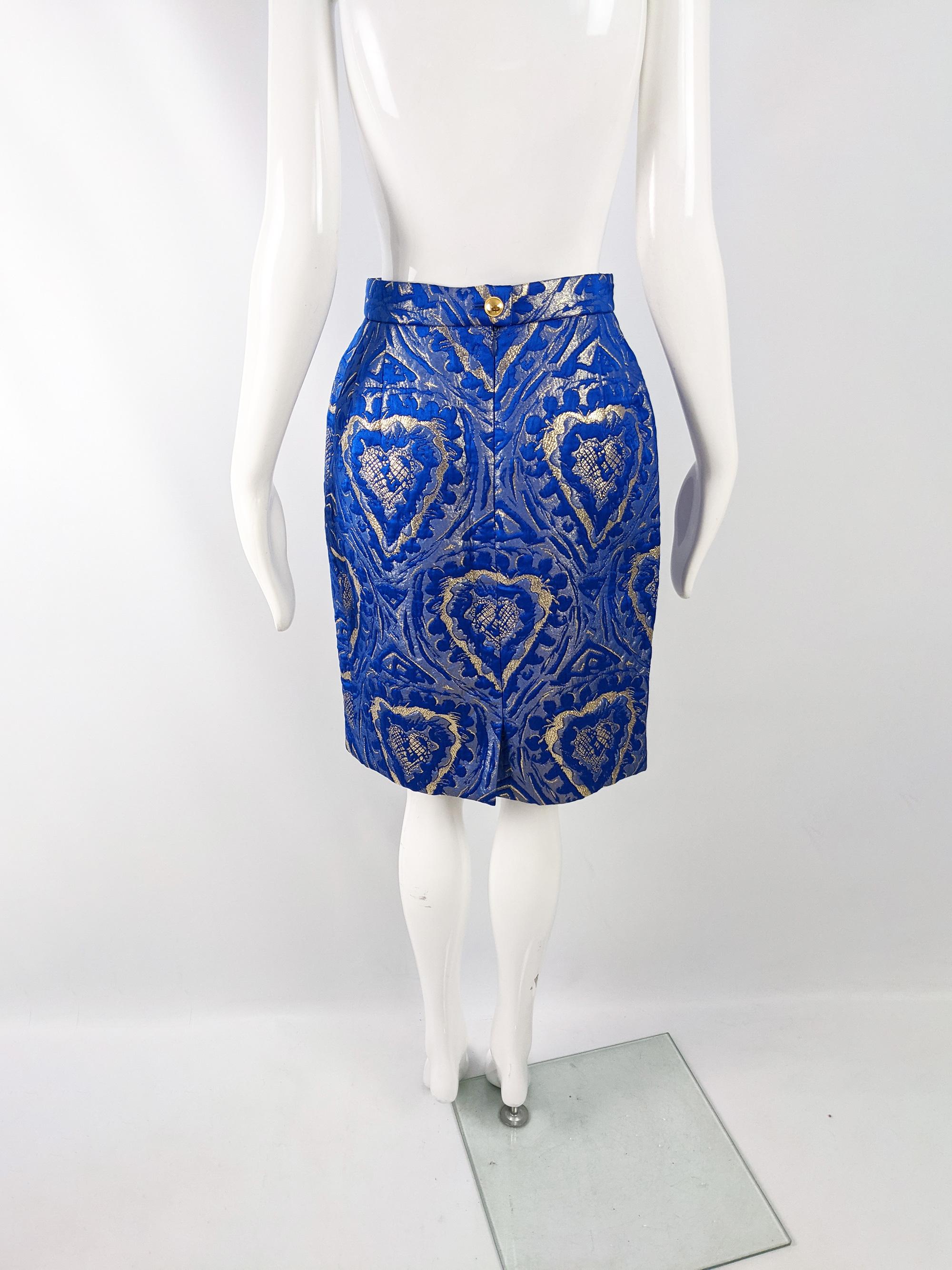 Women's Escada Vintage Love Heart Blue & Gold Brocade Party Skirt, 1980s