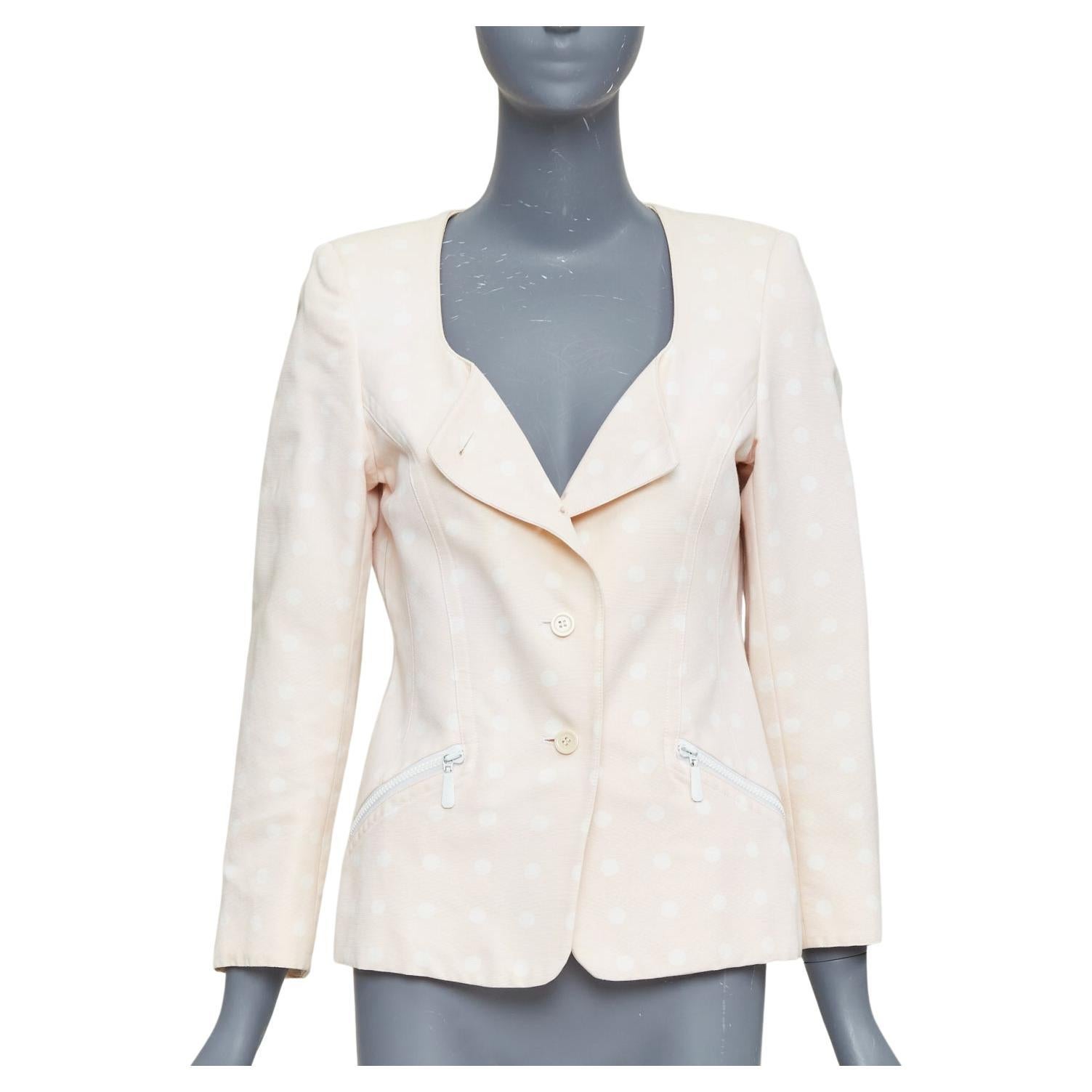 ESCADA Vintage pink cream polka dot cotton power shoulder blazer jacket IT36 XXS