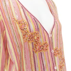 ESCADA vintage pink multi stripe sequin beaded v neck knit cardigan top FR42 XL