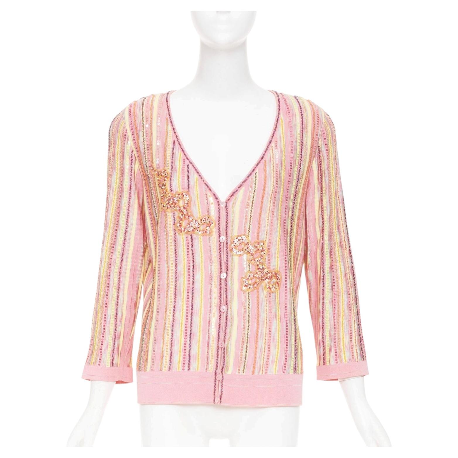 Pre-owned Escada Vintage Pink Multi Stripe Sequin Beaded V Neck Knit Cardigan Top Fr42 Xl