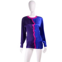 Escada Vintage Purple Blue and Pink Silk Abstract Face Profile Blouse