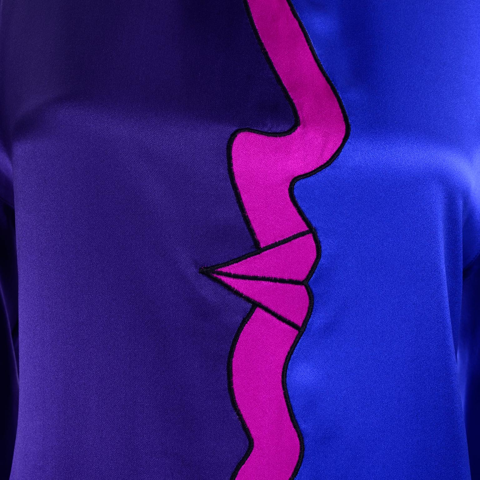 Escada Vintage Purple Blue and Pink Silk Abstract Face Profile Blouse In Excellent Condition For Sale In Portland, OR