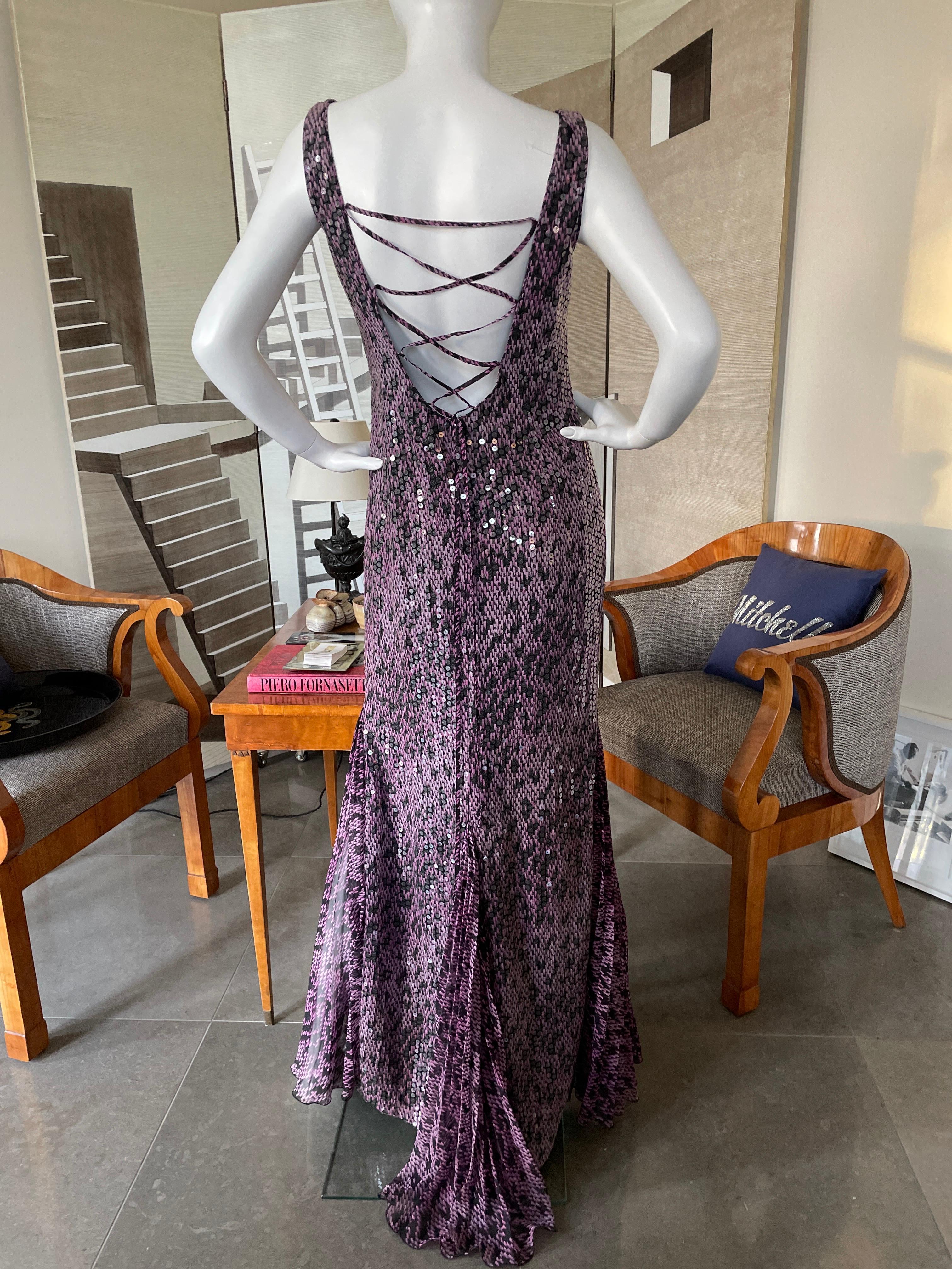 Black Escada Vintage Purple Sequin Leopard Print Evening Dress with Lace Up Back For Sale