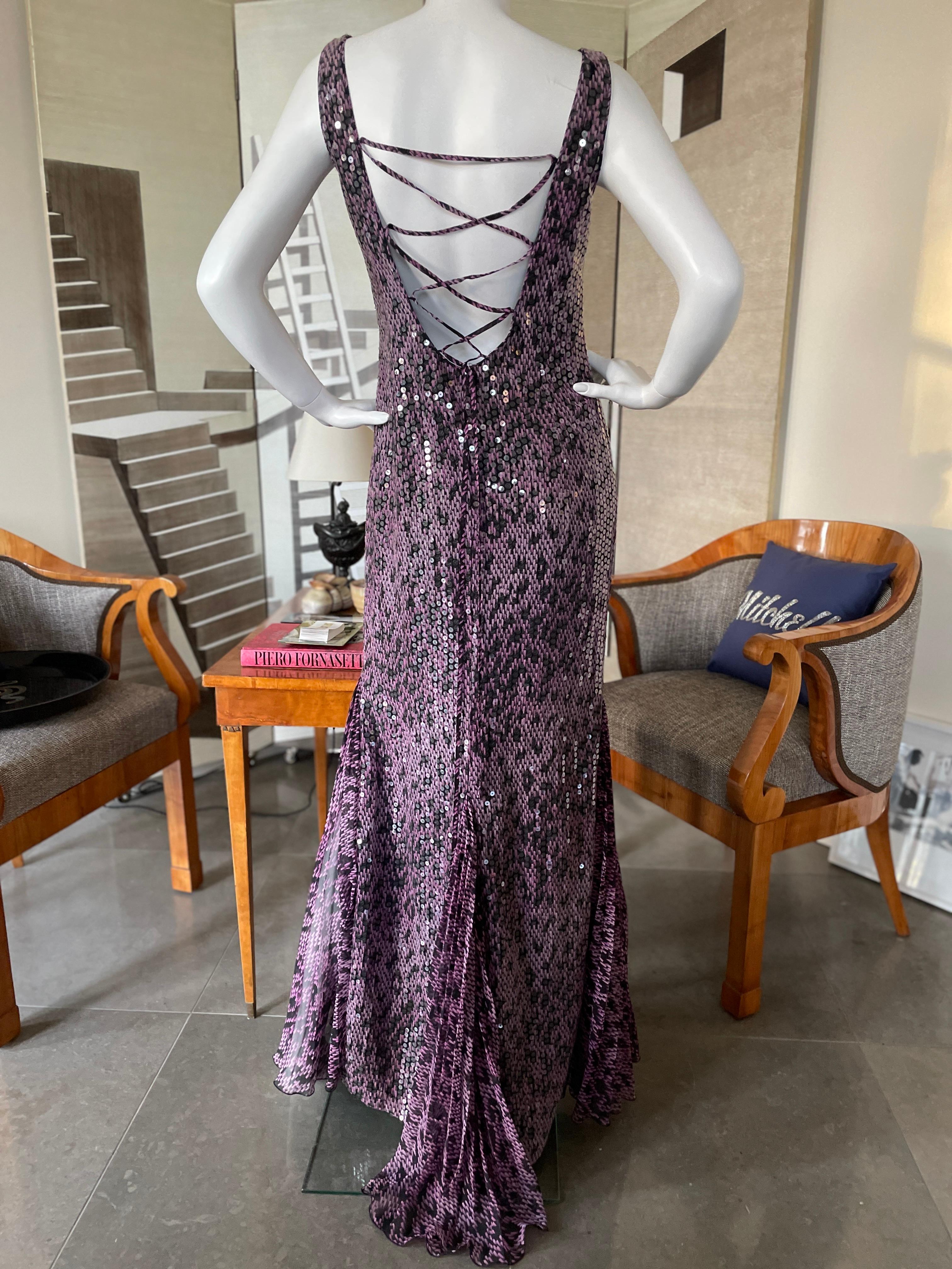 Escada Vintage Purple Sequin Leopard Print Evening Dress with Lace Up Back In Excellent Condition For Sale In Cloverdale, CA