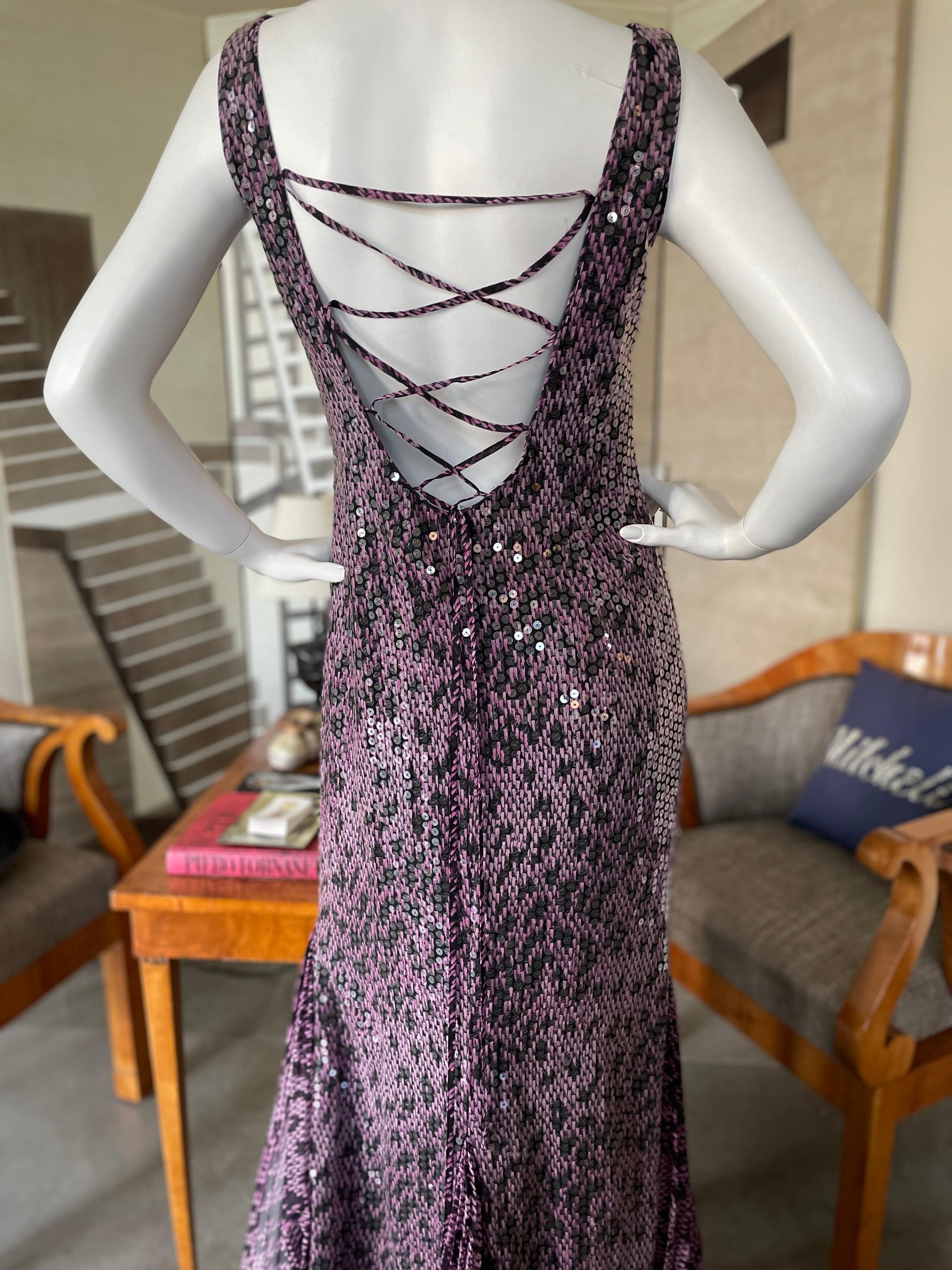 Women's Escada Vintage Purple Sequin Leopard Print Evening Dress with Lace Up Back For Sale