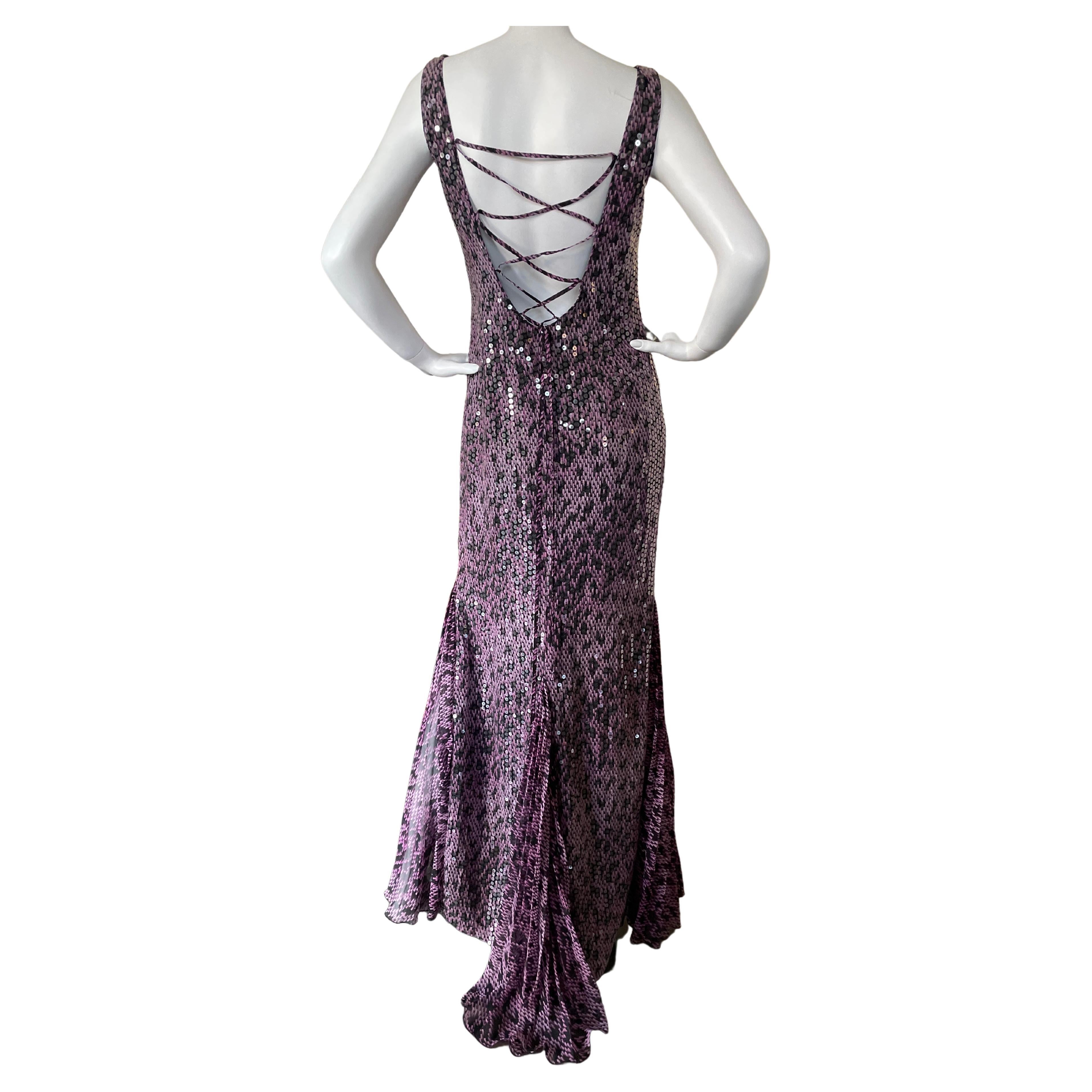 Escada Vintage Purple Sequin Leopard Print Evening Dress with Lace Up Back For Sale