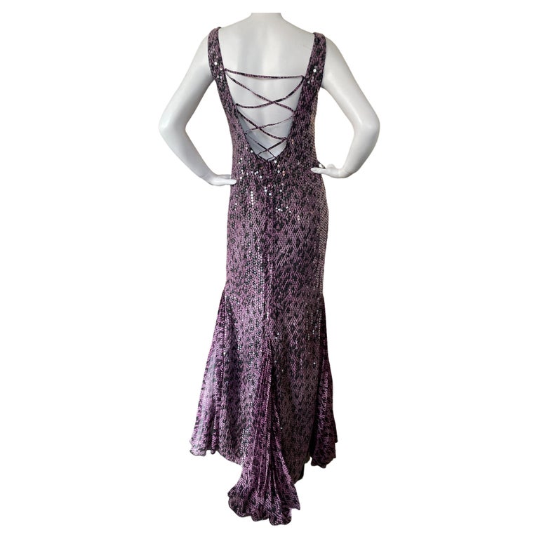 Escada Vintage lila Vintage-Abendkleid mit Pailletten und Leopardenmuster  und Schnürung am Rücken im Angebot bei 1stDibs