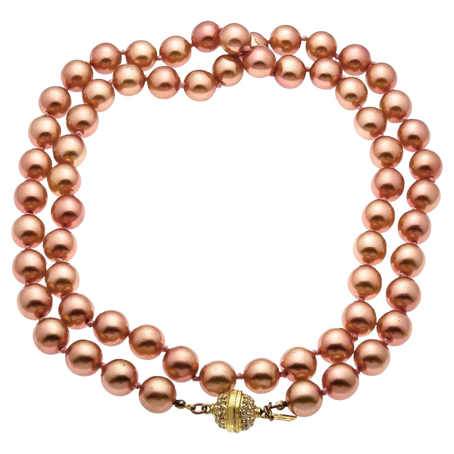 Escada Vintage Salmon Pink Pearl Necklace with Gold Toned Rhinestone Closure For Sale