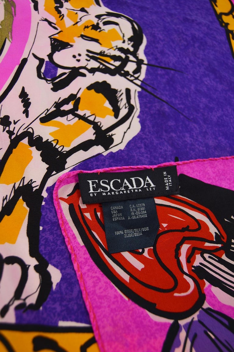Escada Vintage Shocking Pink and Purple Tiger Perfume Print Foulard Scarf,  1980s at 1stDibs
