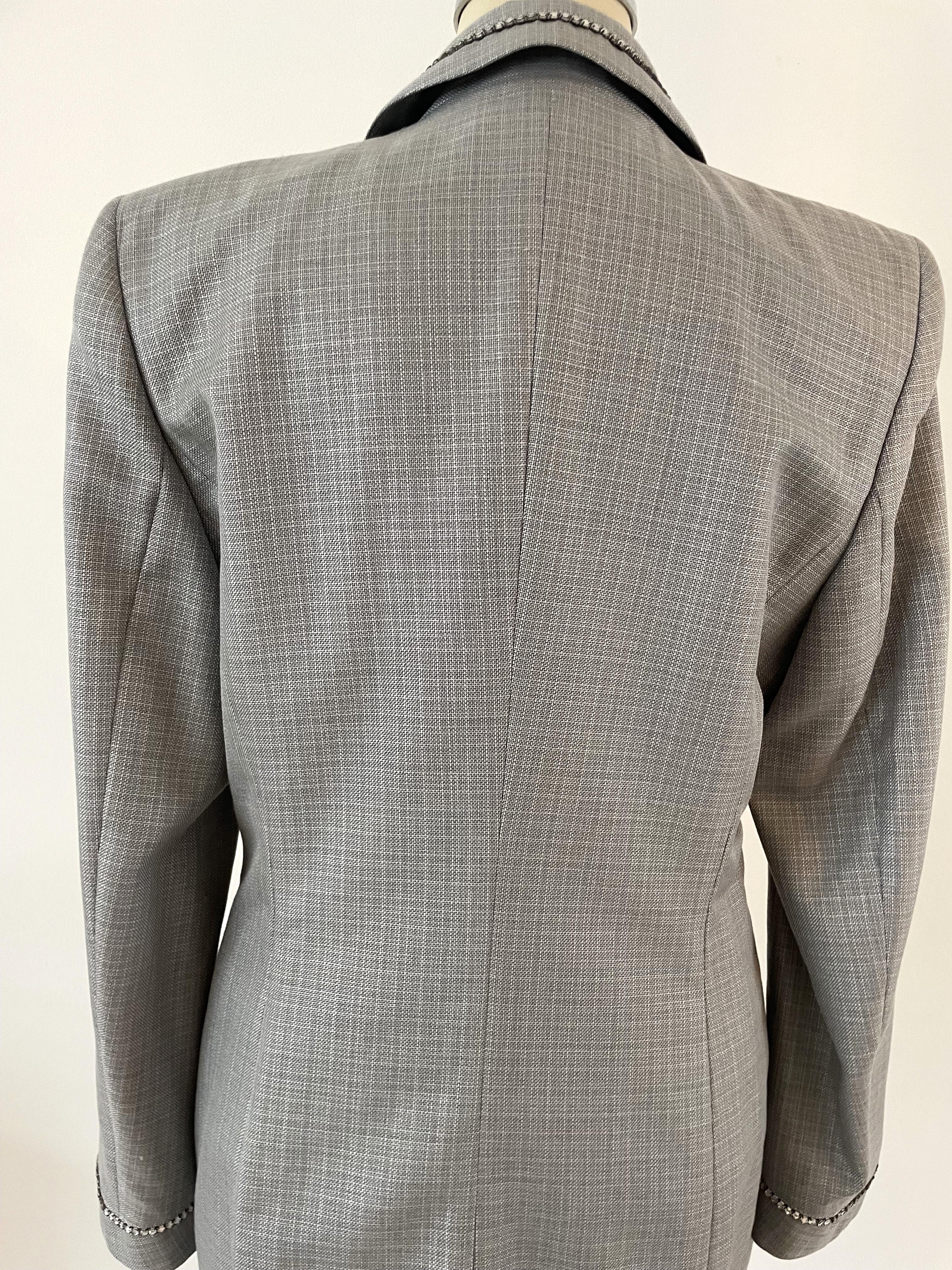 Escada Vintage Suit Rhinestones Blazer Trousers Skirt Wool Silk For Sale 7