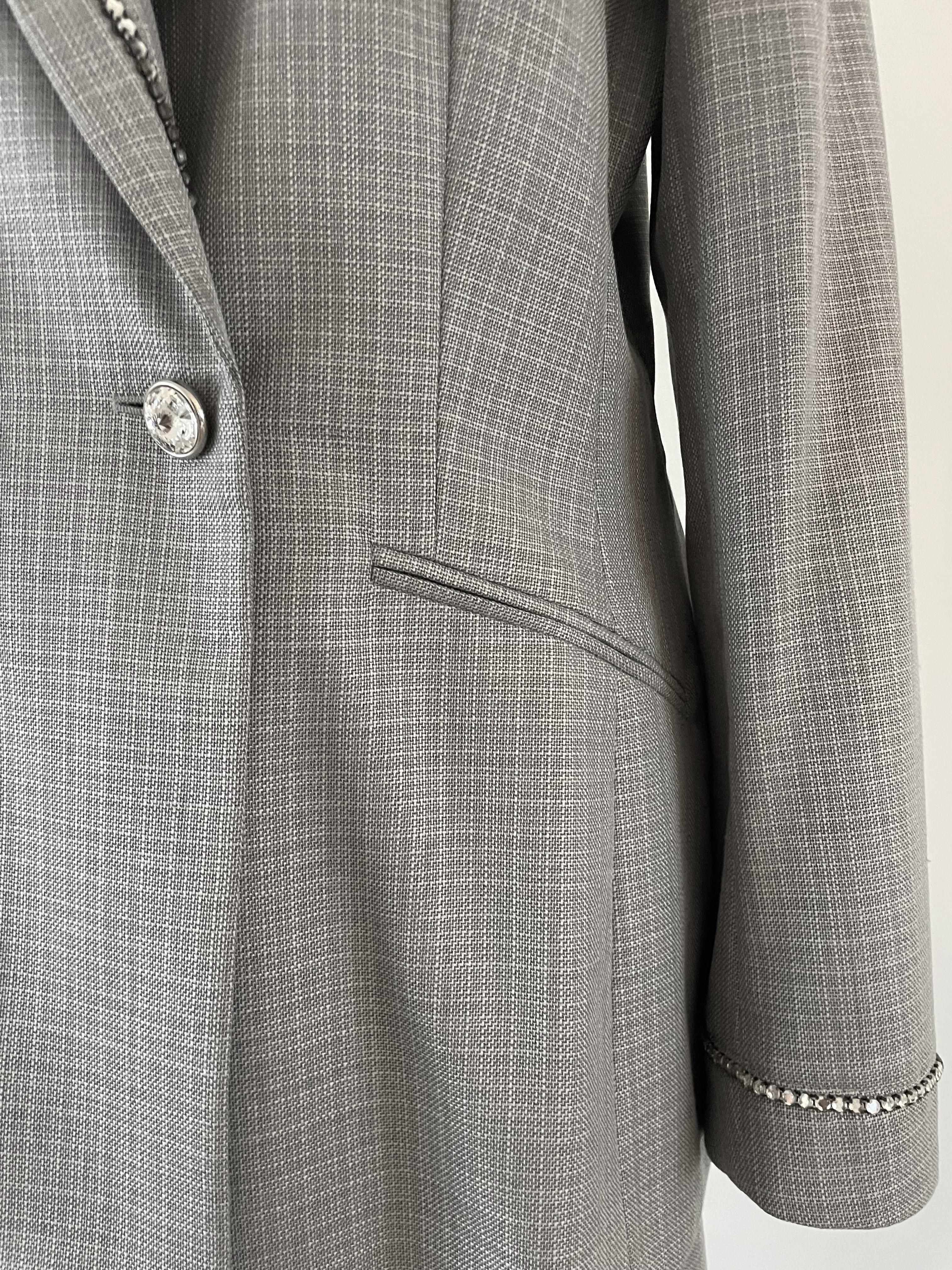 Gray Escada Vintage Suit Rhinestones Blazer Trousers Skirt Wool Silk For Sale