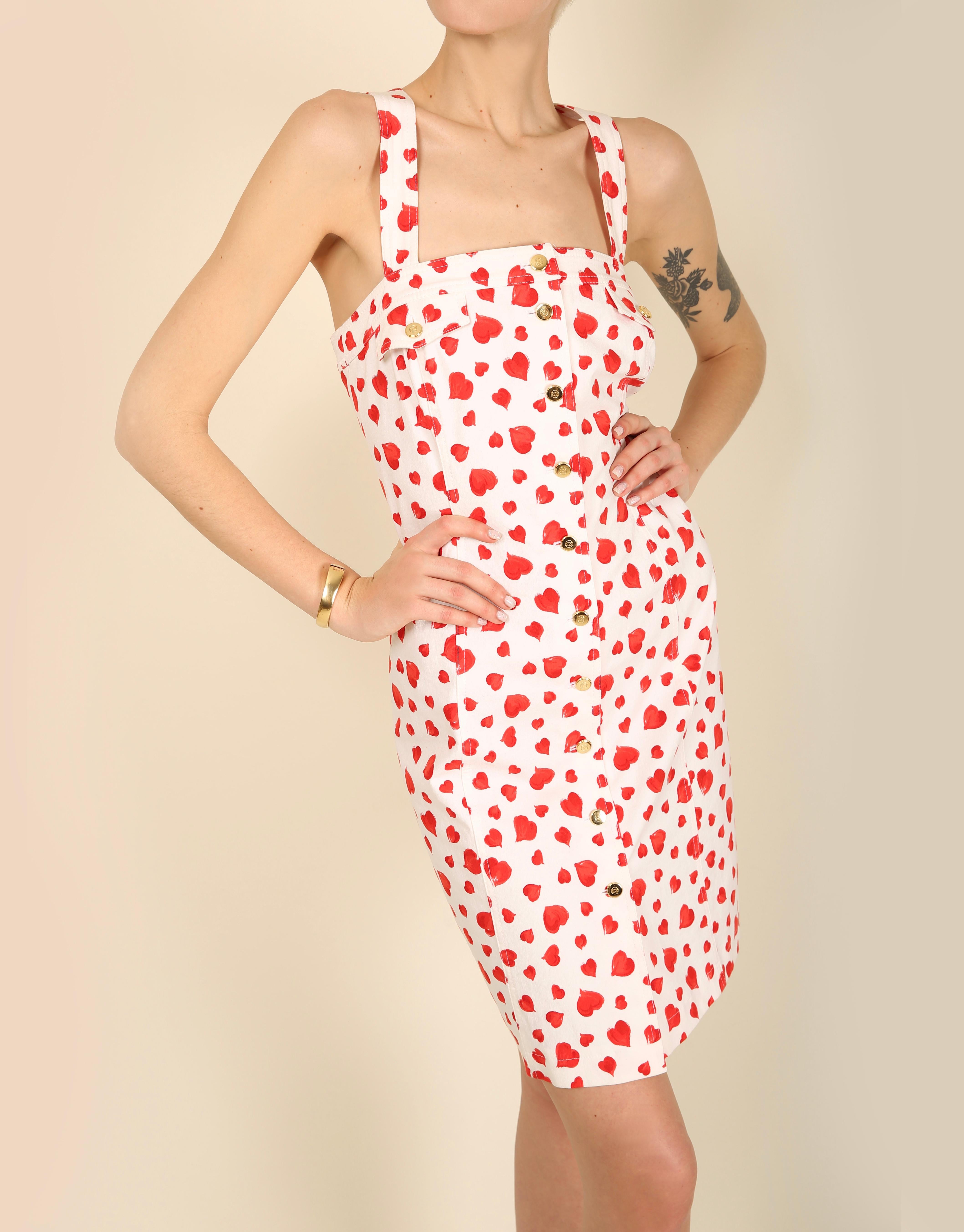 Escada vintage white red heart print button up denim jean sleeveless dress For Sale 3