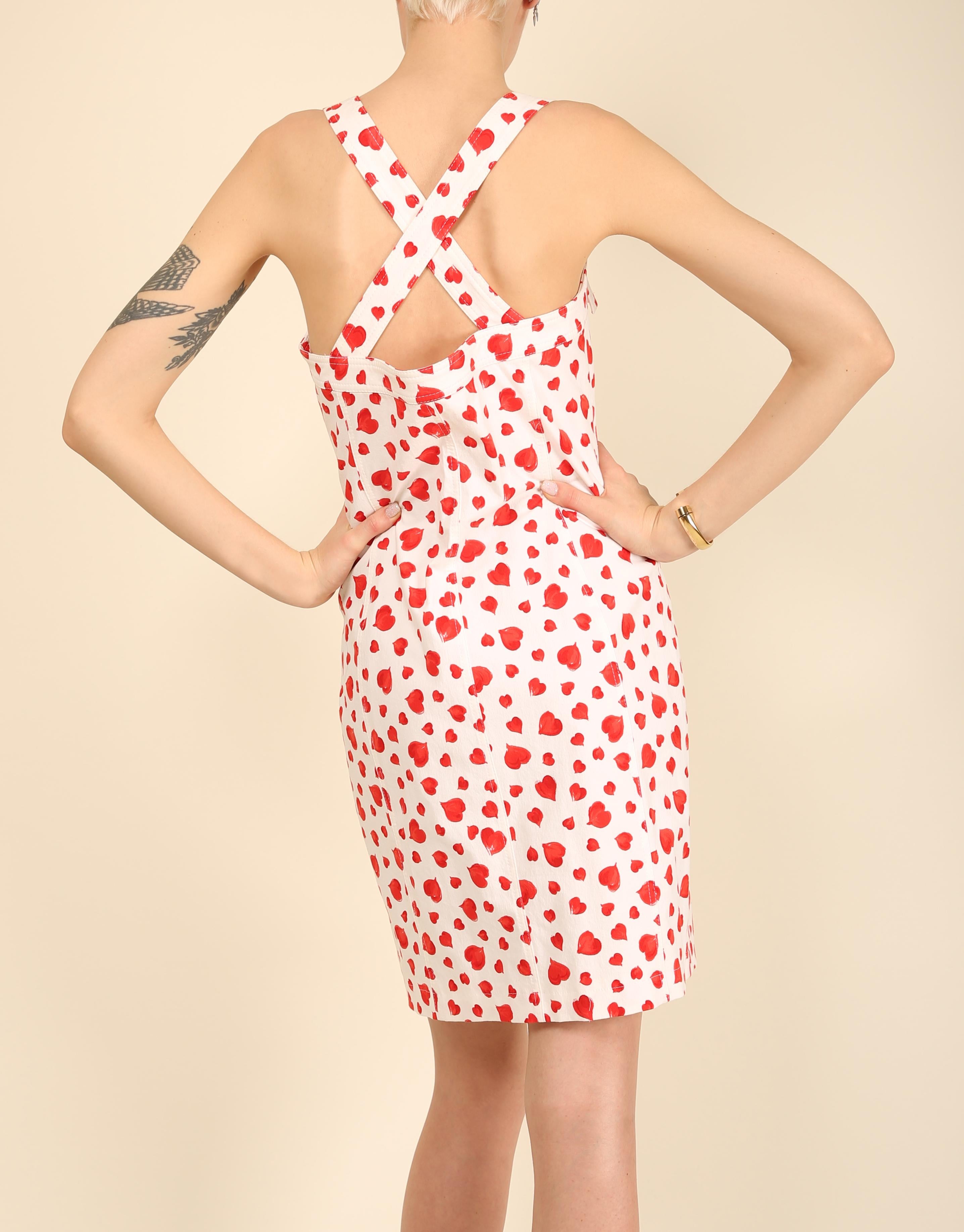Escada vintage white red heart print button up denim jean sleeveless dress For Sale 4