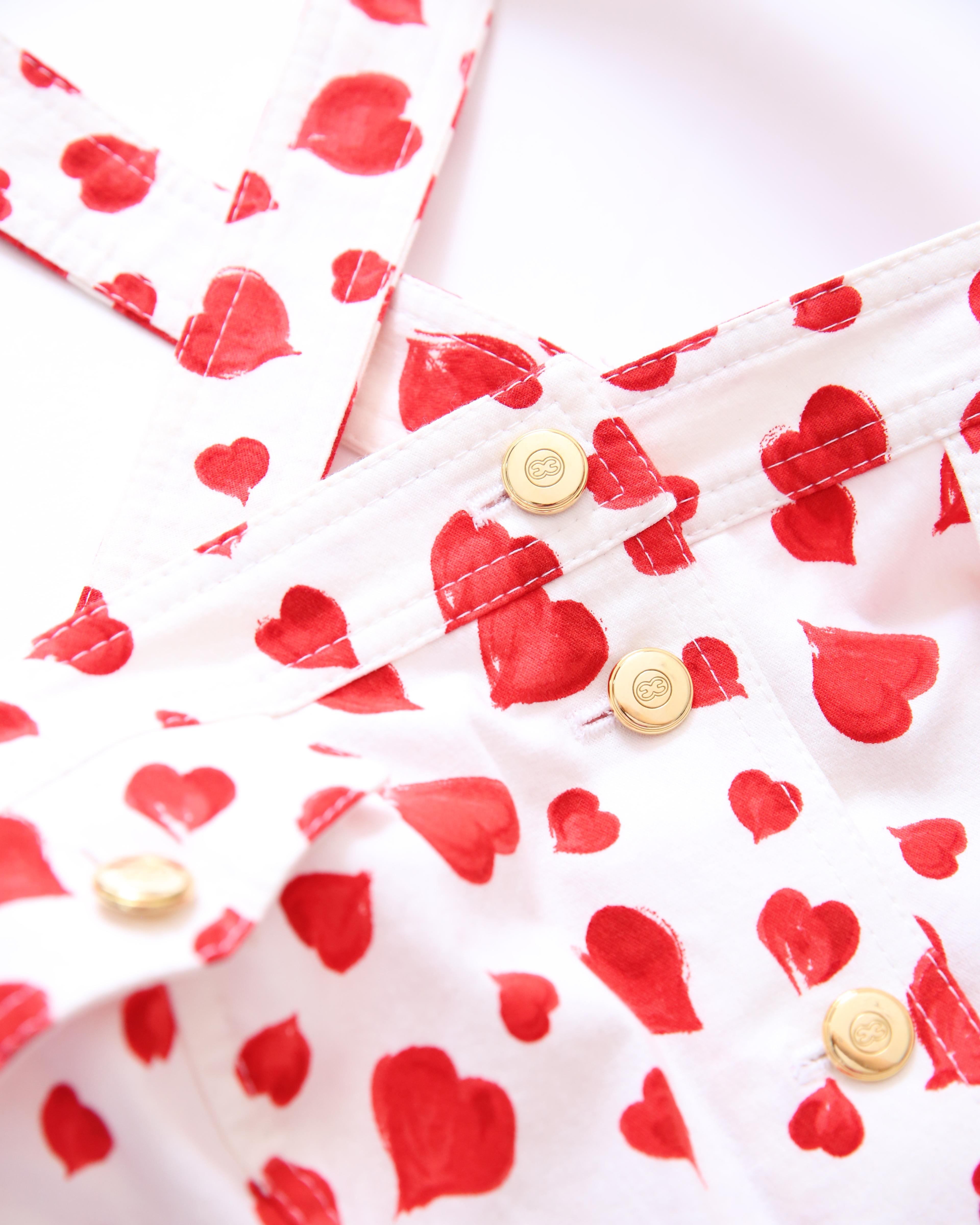 Escada vintage white red heart print button up denim jean sleeveless dress For Sale 6
