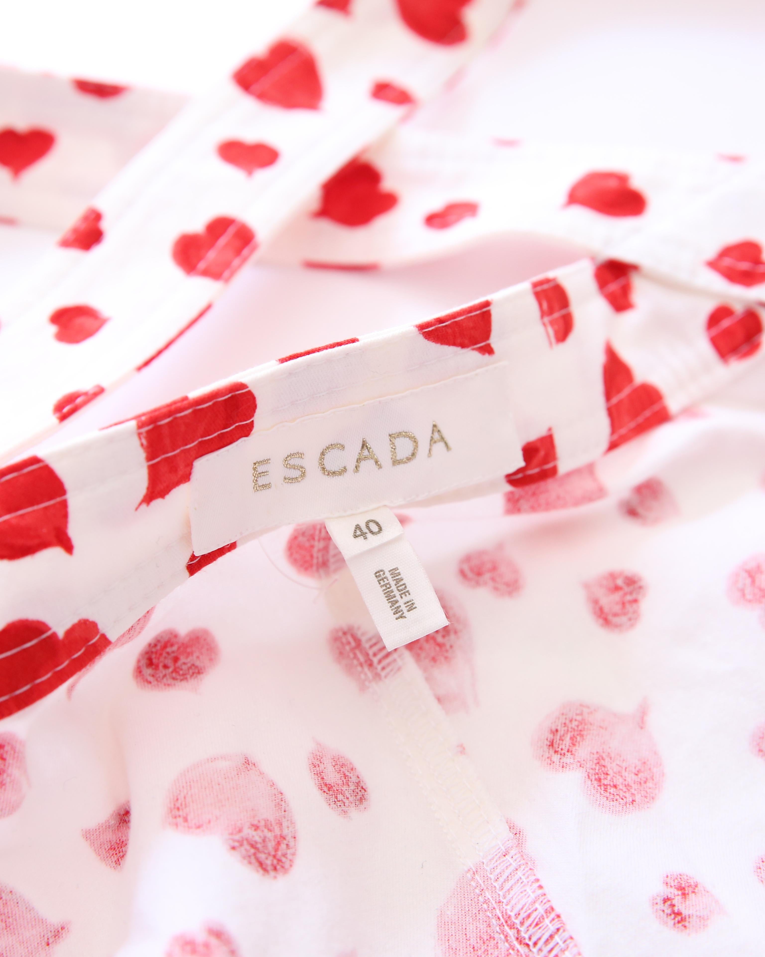 Escada vintage white red heart print button up denim jean sleeveless dress For Sale 7