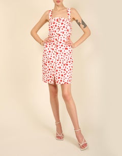 Escada vintage white red heart print button up denim jean sleeveless dress