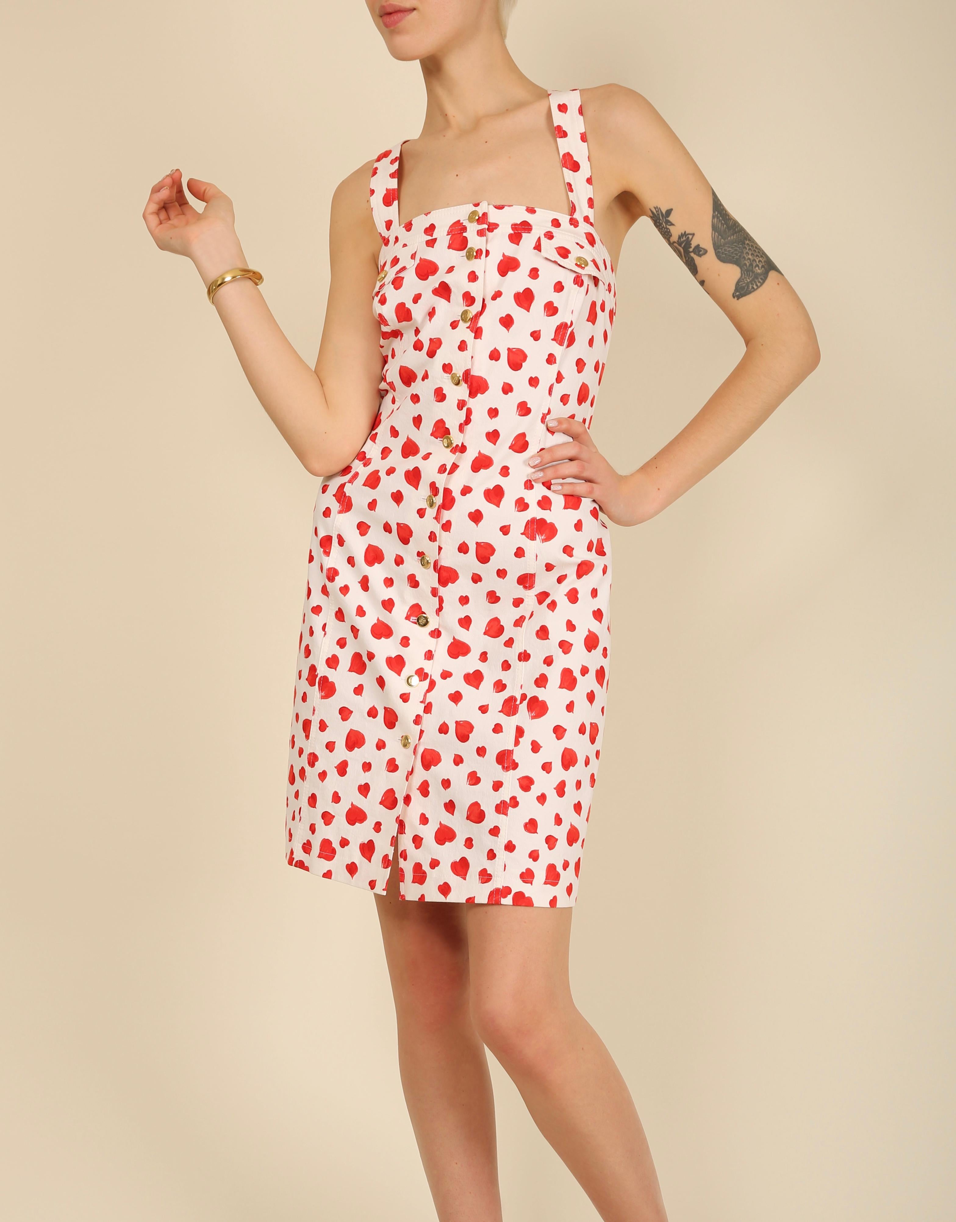 Beige Escada vintage white red heart print button up denim jean sleeveless dress For Sale