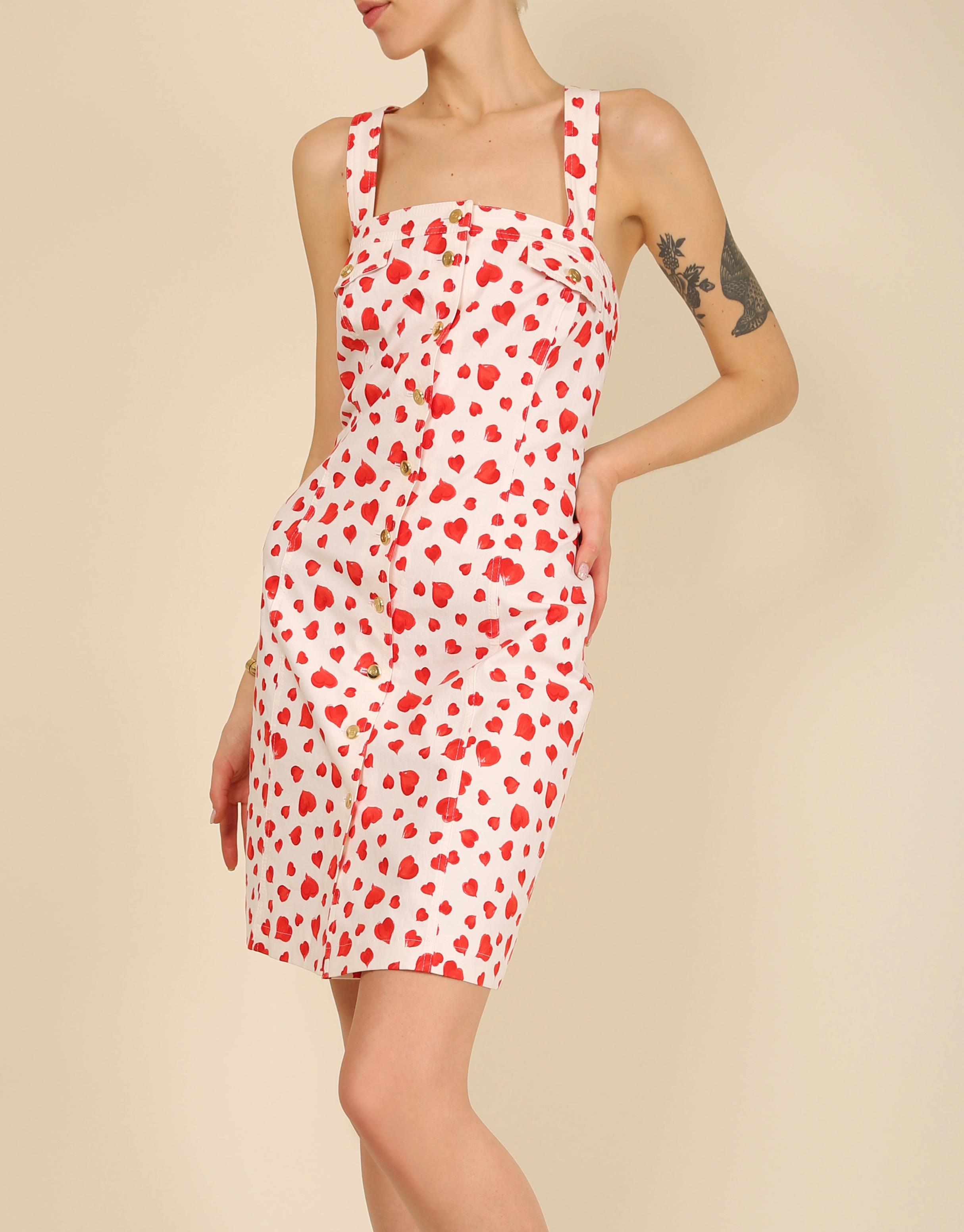 Women's Escada vintage white red heart print button up denim jean sleeveless dress For Sale