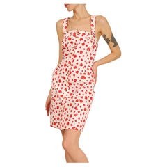 Escada vintage white red heart print button up denim jean sleeveless dress
