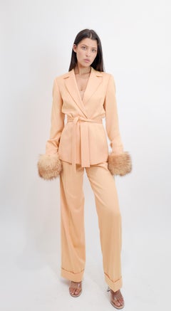 Escada Vintage Womens Peach Fox Fur Cuff Belted Suit