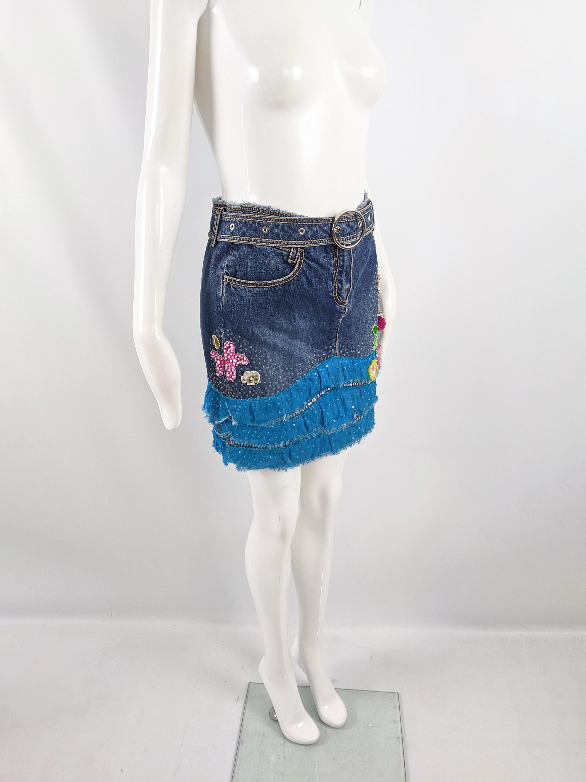 Blue Escada Vintage y2k Sequin Chiffon Applique Belted Mini Denim Skirt, 2000s For Sale