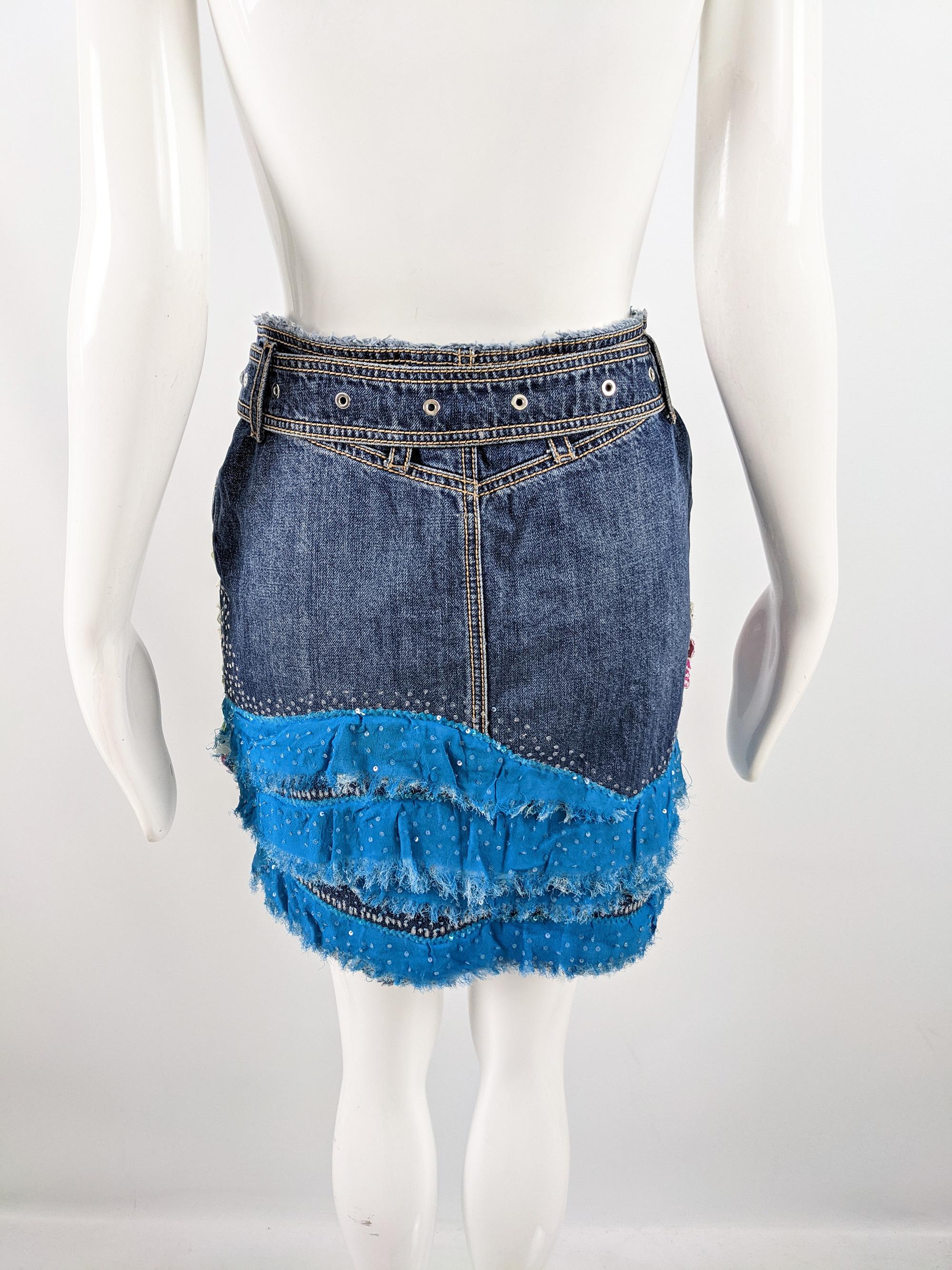 Escada Vintage y2k Sequin Chiffon Applique Belted Mini Denim Skirt, 2000s In Good Condition For Sale In Doncaster, South Yorkshire