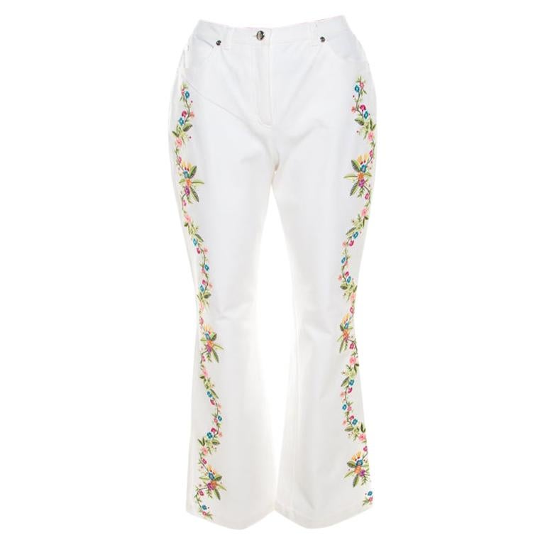 Escada White Cotton Stretch Denim Floral Embroidered Detail Flared Trousers  M
