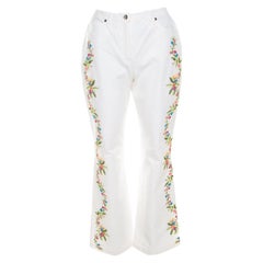 Pantaloni svasati Escada in cotone bianco stretch Denim con ricamo floreale M
