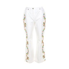 Escada - Pantalon évasé en coton extensible en jean blanc avec broderie florale M