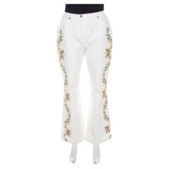 Escada White Cotton Stretch Denim Floral Embroidered Detail Flared Trousers M