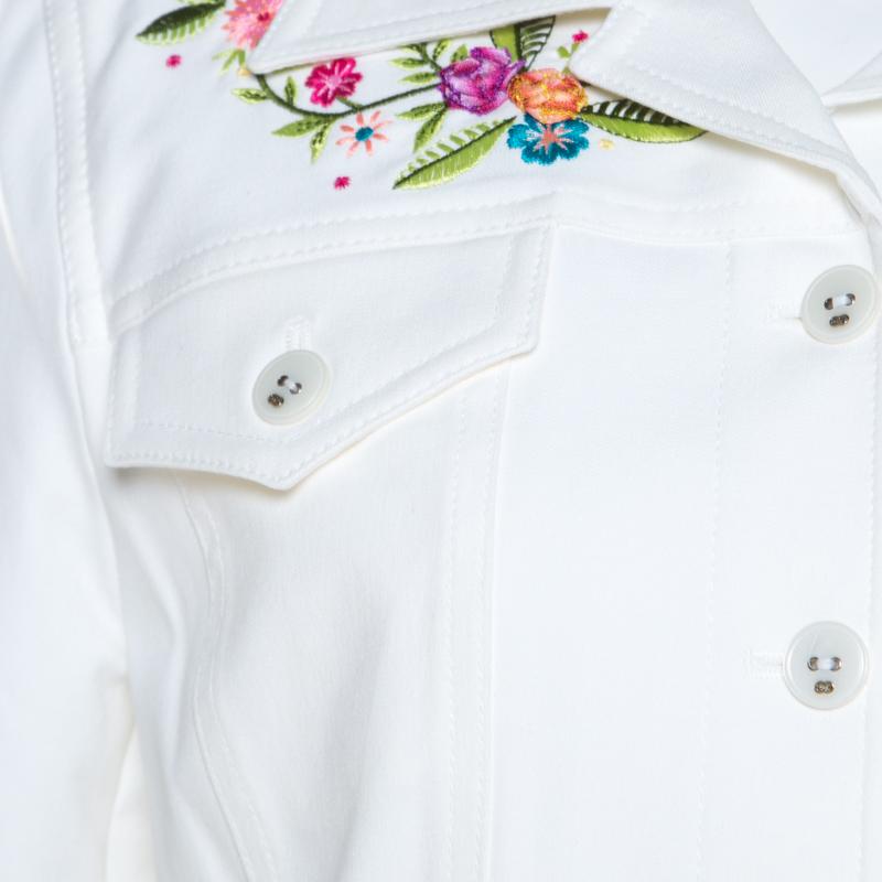Gray Escada White Denim Floral Embroidered Jacket M